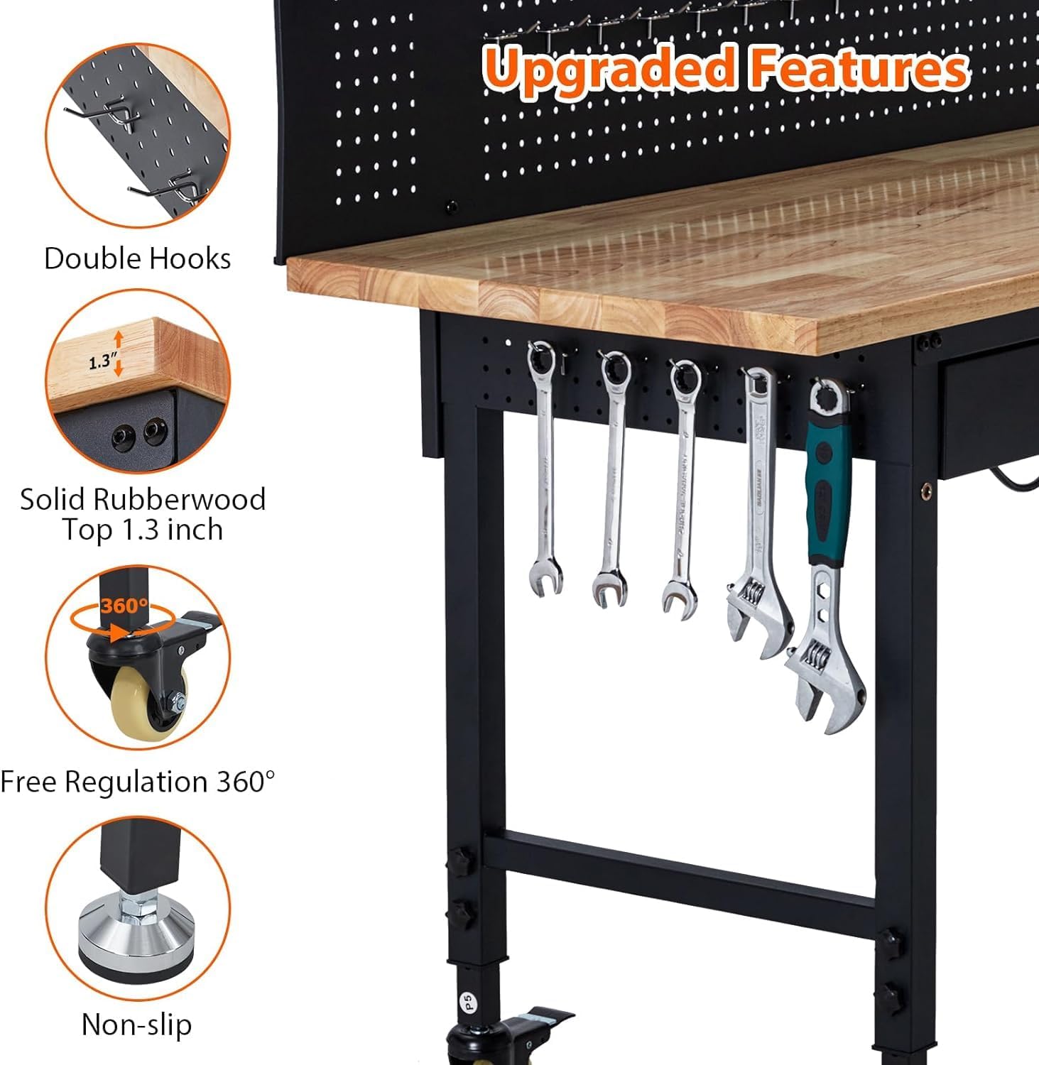 Workbench 60" x 22" Adjustable Height Worktable, Heavy Duty Rubber Wood Top, 2000 LBS Load Capacity, Tool Storage Workstation with Drawer, Pegboard, Power Outlets & Lockable Wheels