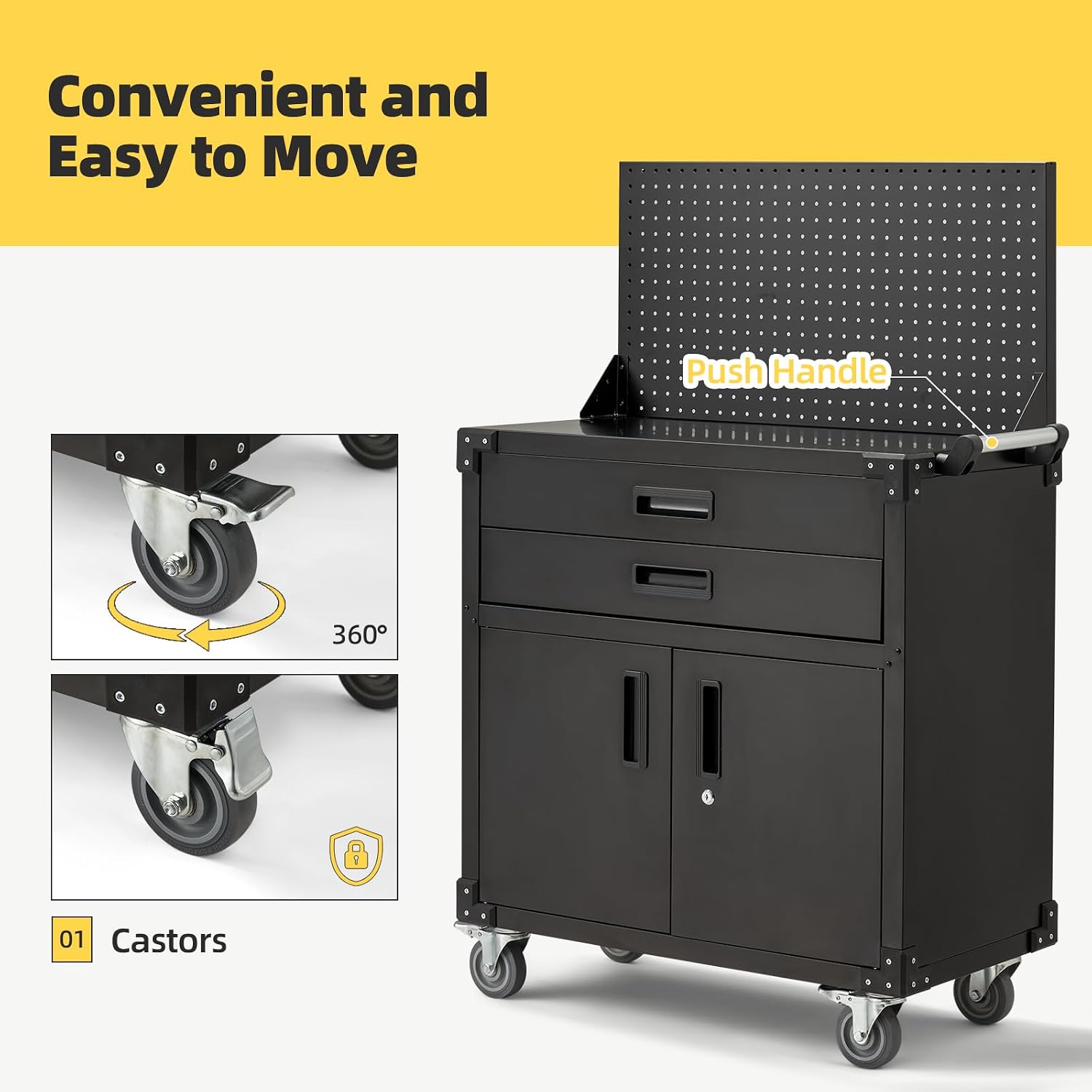 Work Benches for Garage with Drawers (Black, 16.5"D x 31.8"W x 52"H) with Pegboard, Cabinets and wheels