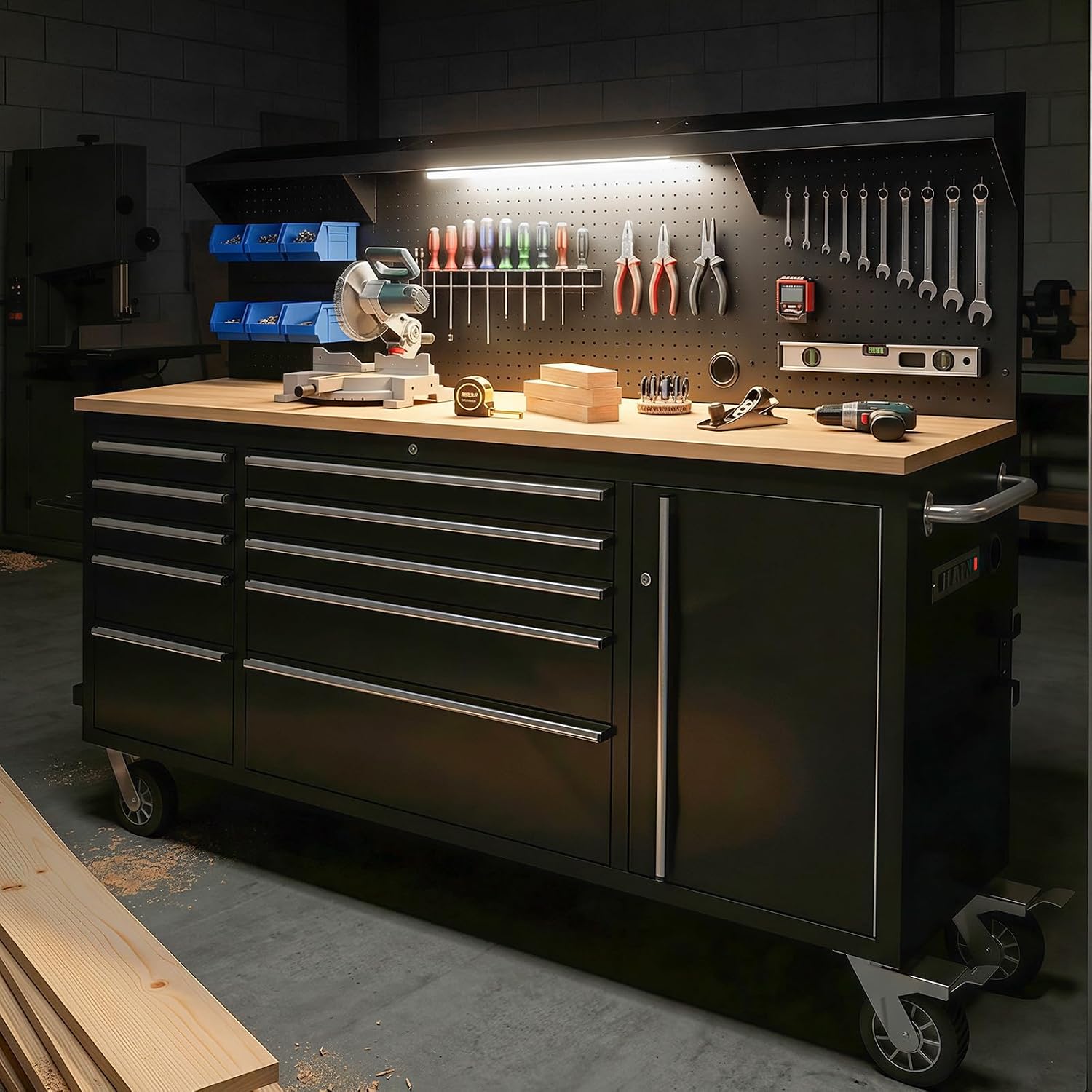 72-Inch Heavy Duty Rolling Tool Chest with 10 Drawers and Solid Rubber Wood Top Mobile Workstation, Includes Power Strip