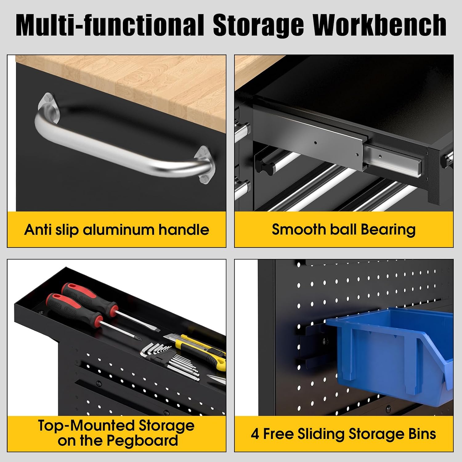72-Inch Heavy Duty Rolling Tool Chest with 10 Drawers and Solid Rubber Wood Top Mobile Workstation, Includes Power Strip
