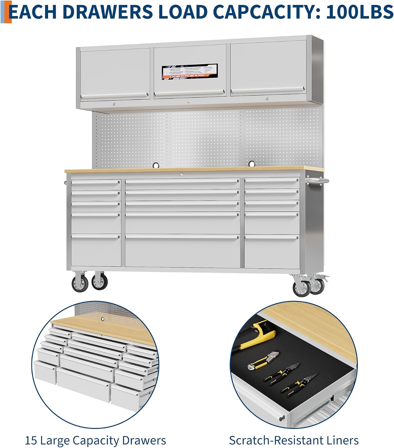 72 Inch Tool Chest, Tool Cabinet with 15 Drawers, Mobile Storage Cabinet with Locking System