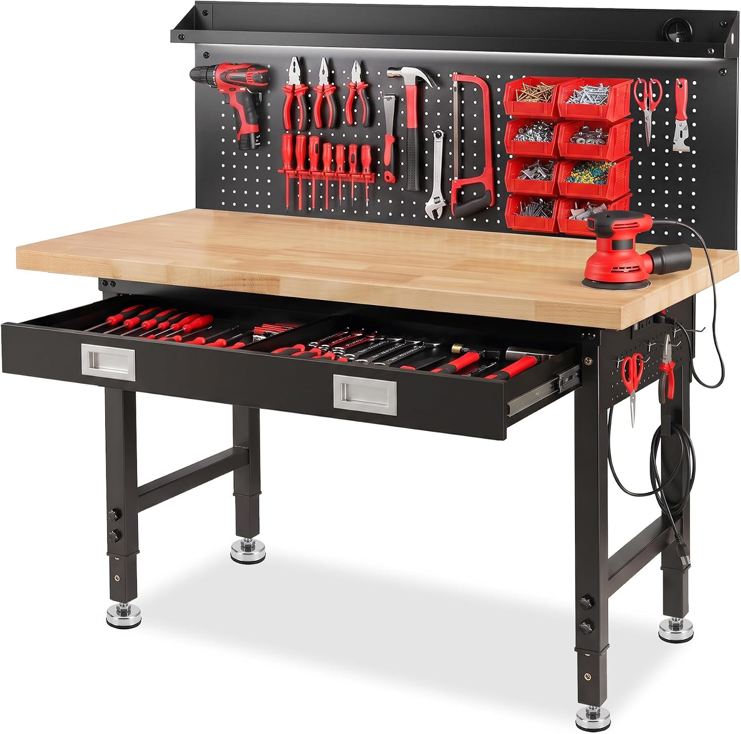 60" Workbench with Drawers, Work Benches for Garage with Strip Light, Adjustable Work Table with Large Pegboard, 2000 LBS Heavy Duty Table with Power Outlet Rubber Wood