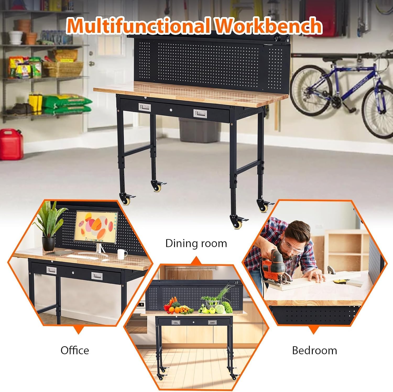 Workbench 60" x 22" Adjustable Height Worktable, Heavy Duty Rubber Wood Top, 2000 LBS Load Capacity, Tool Storage Workstation with Drawer, Pegboard, Power Outlets & Lockable Wheels