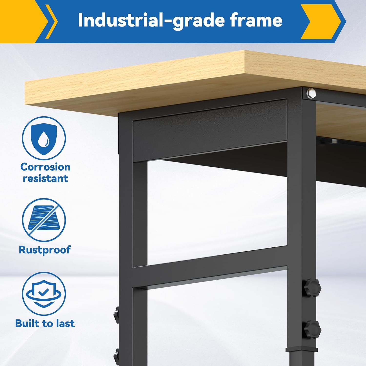 60" Adjustable Workbench with Wheels and Drawer, Solid Wood Rolling Work Bench Table with Power Outlet, Metal Tool Bench Work Bench for Garage