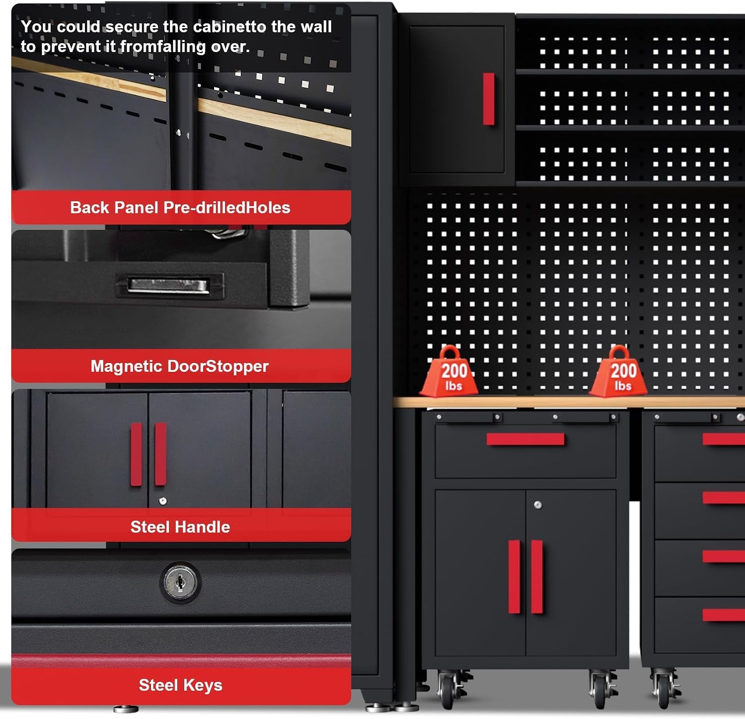 8-Piece Garage Cabinet Storage System with Workbench & Pegboard Garage Workshop Set with Steel Cabinet, Cabinet Drawers, Workbench, Pegboard for Tool Organization