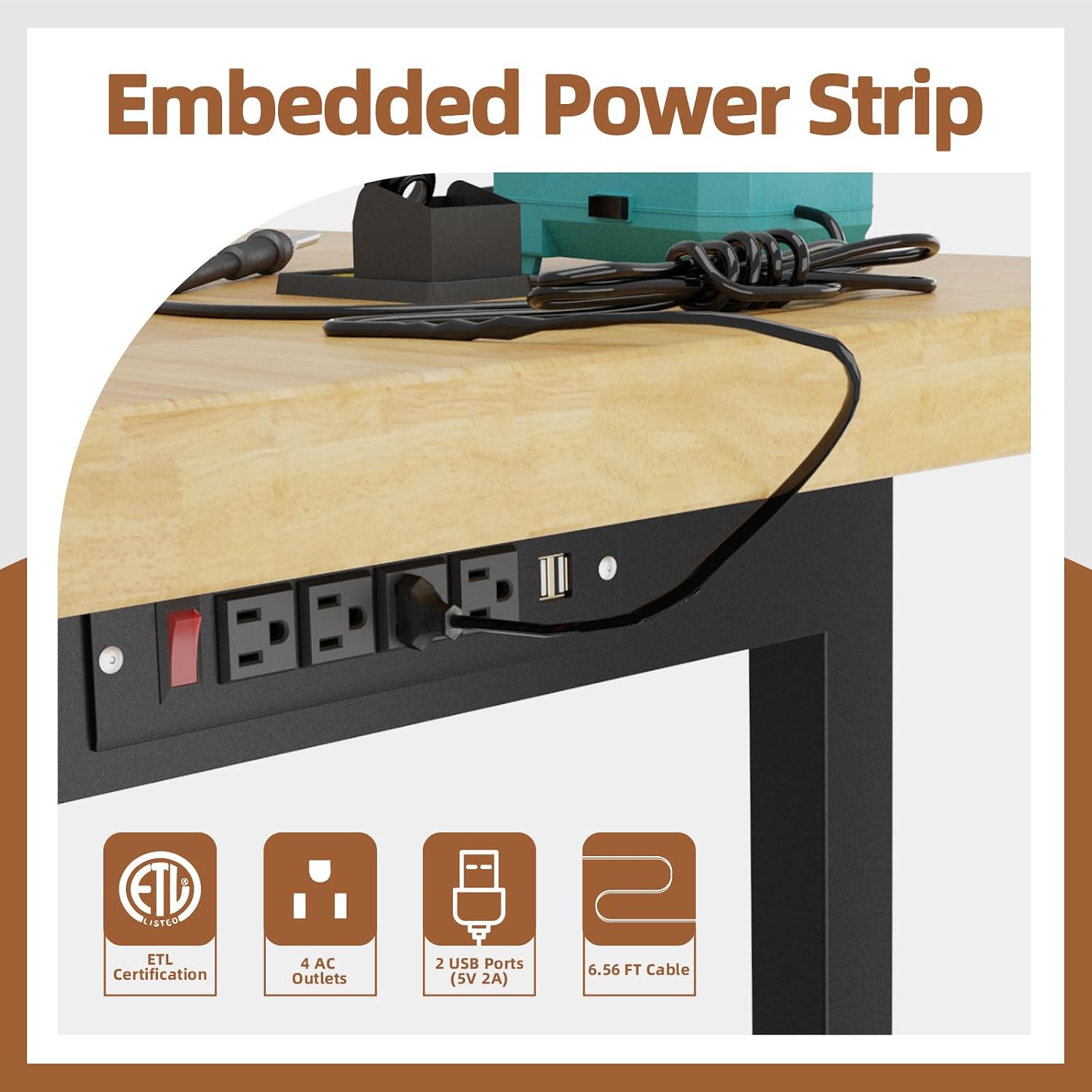 60" Adjustable Workbench with Wheels and Drawer, Solid Wood Rolling Work Bench Table with Power Outlet, Metal Tool Bench Work Bench for Garage