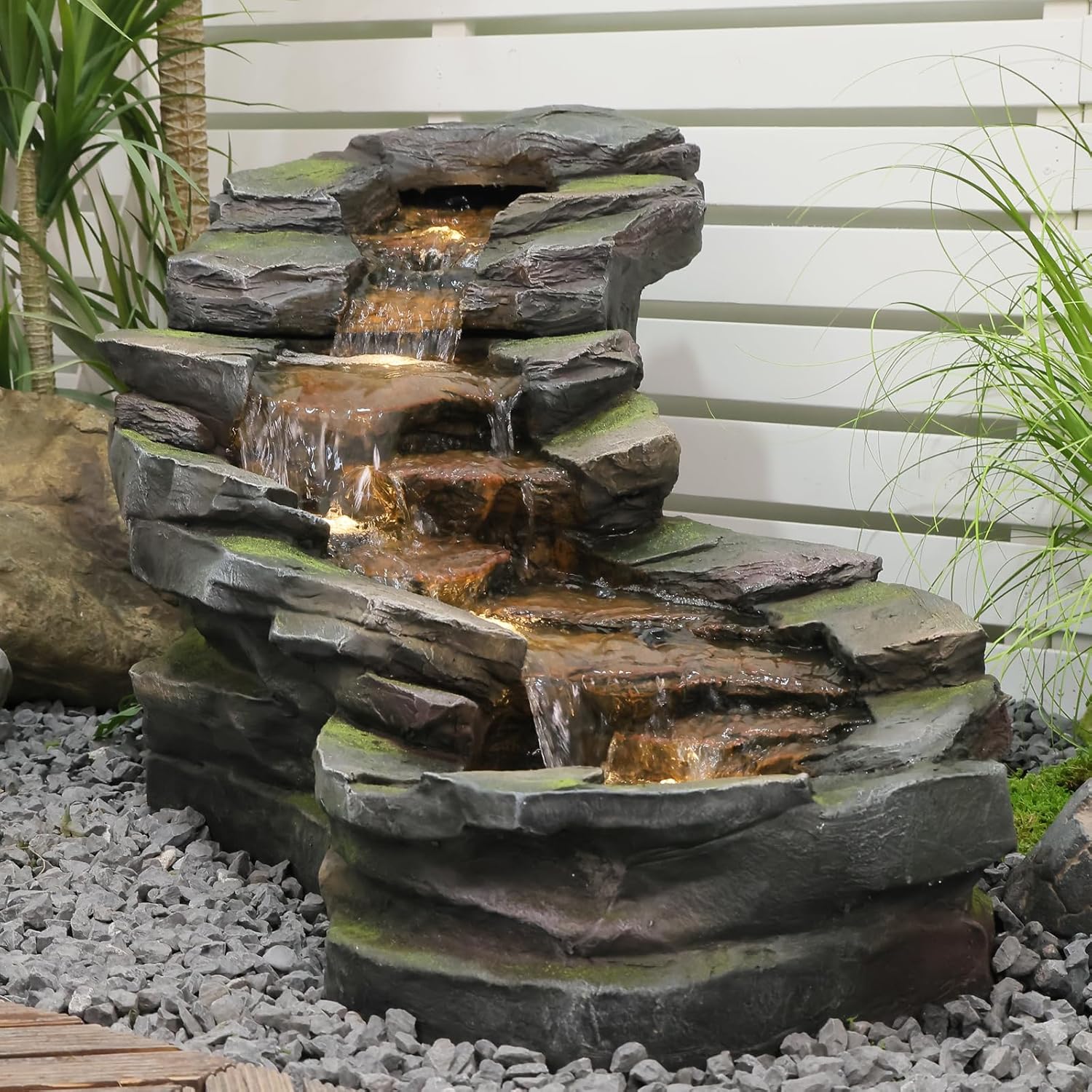 49" L Garden Outdoor Water Fountain 5-Tiers Rock Natural Waterfall Fountains