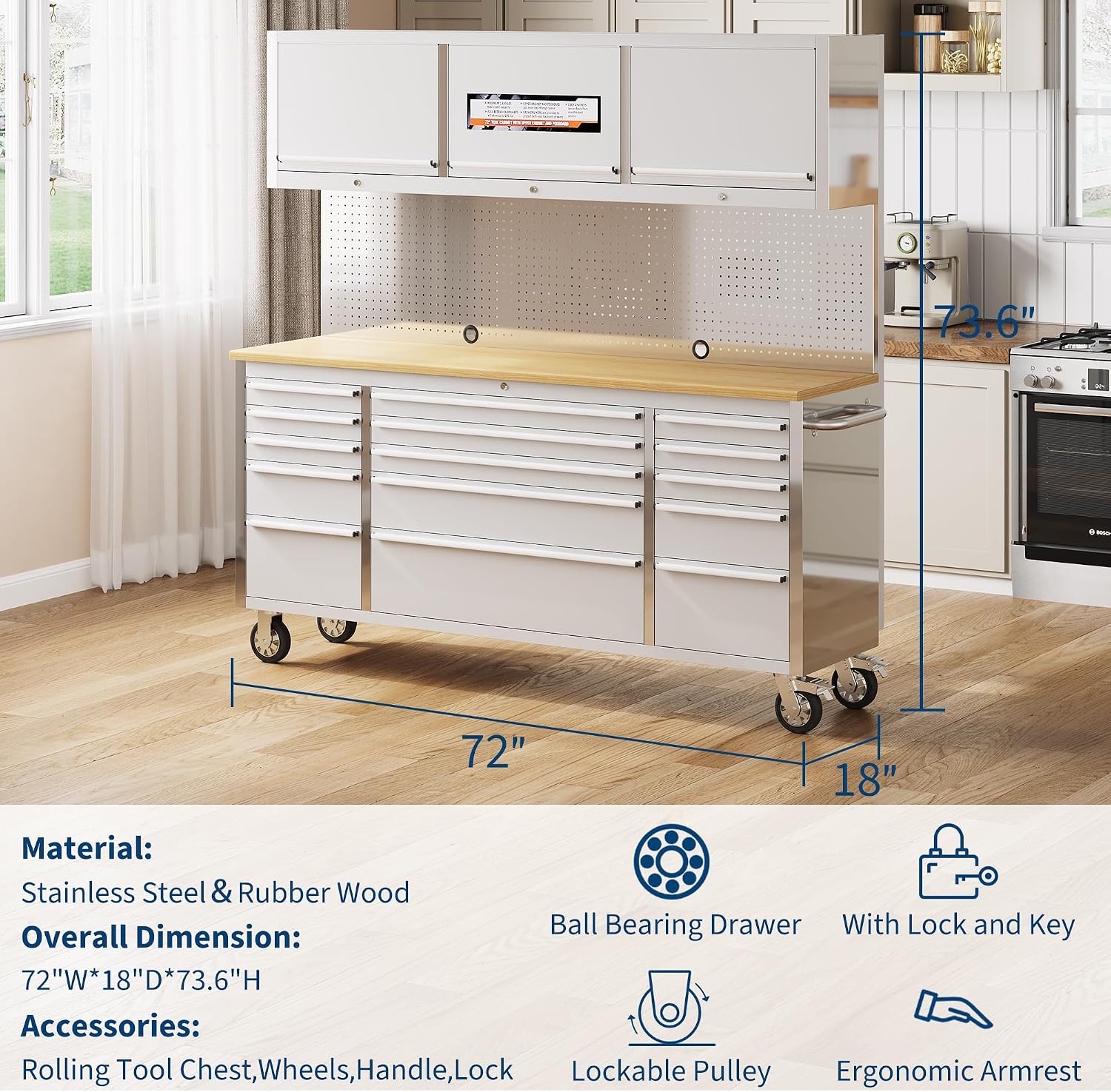 72 Inch Tool Chest, Tool Cabinet with 15 Drawers, Mobile Storage Cabinet with Locking System