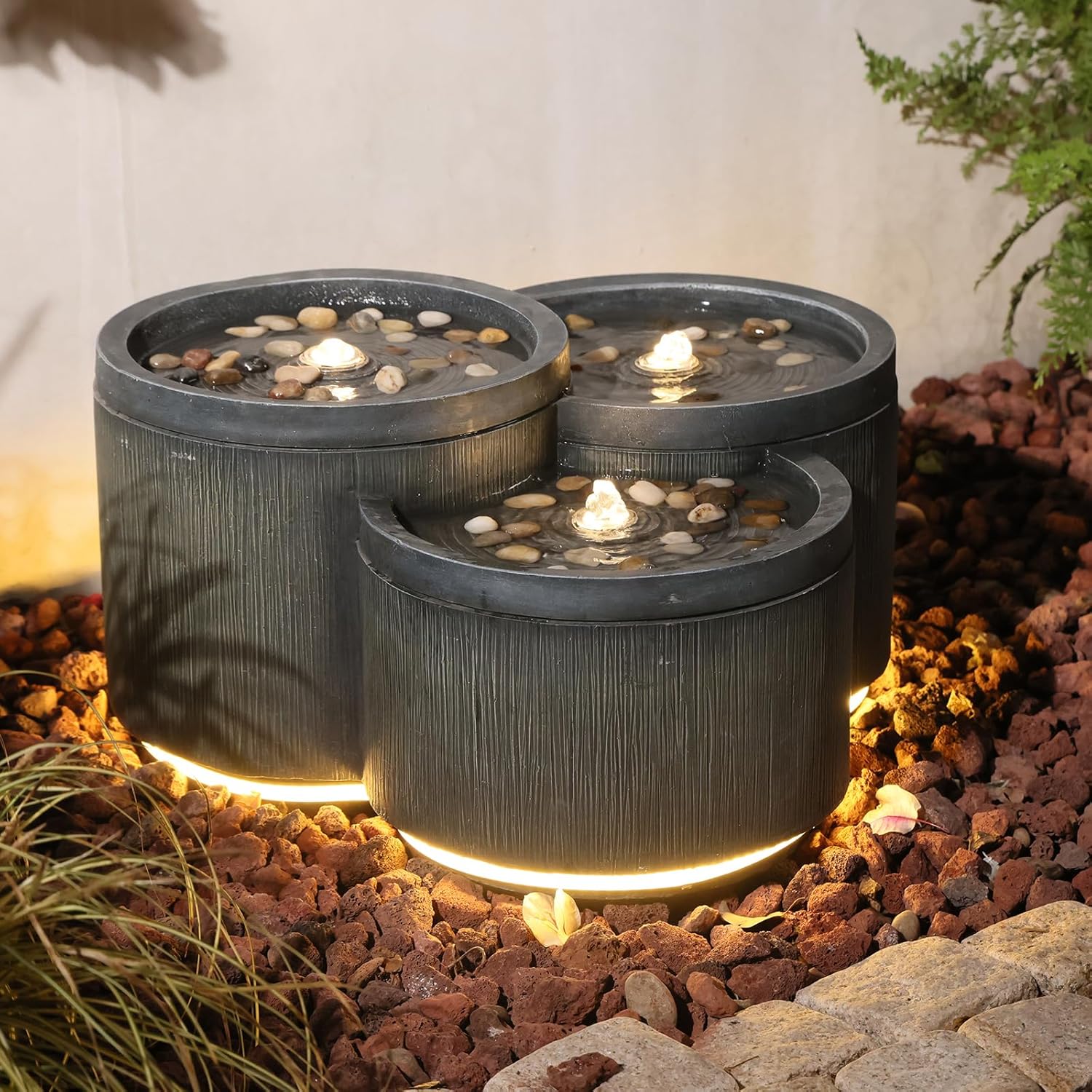 Small Modern Outdoor Water Fountain with 3 Led Lights Tiered Cascading Waterfall