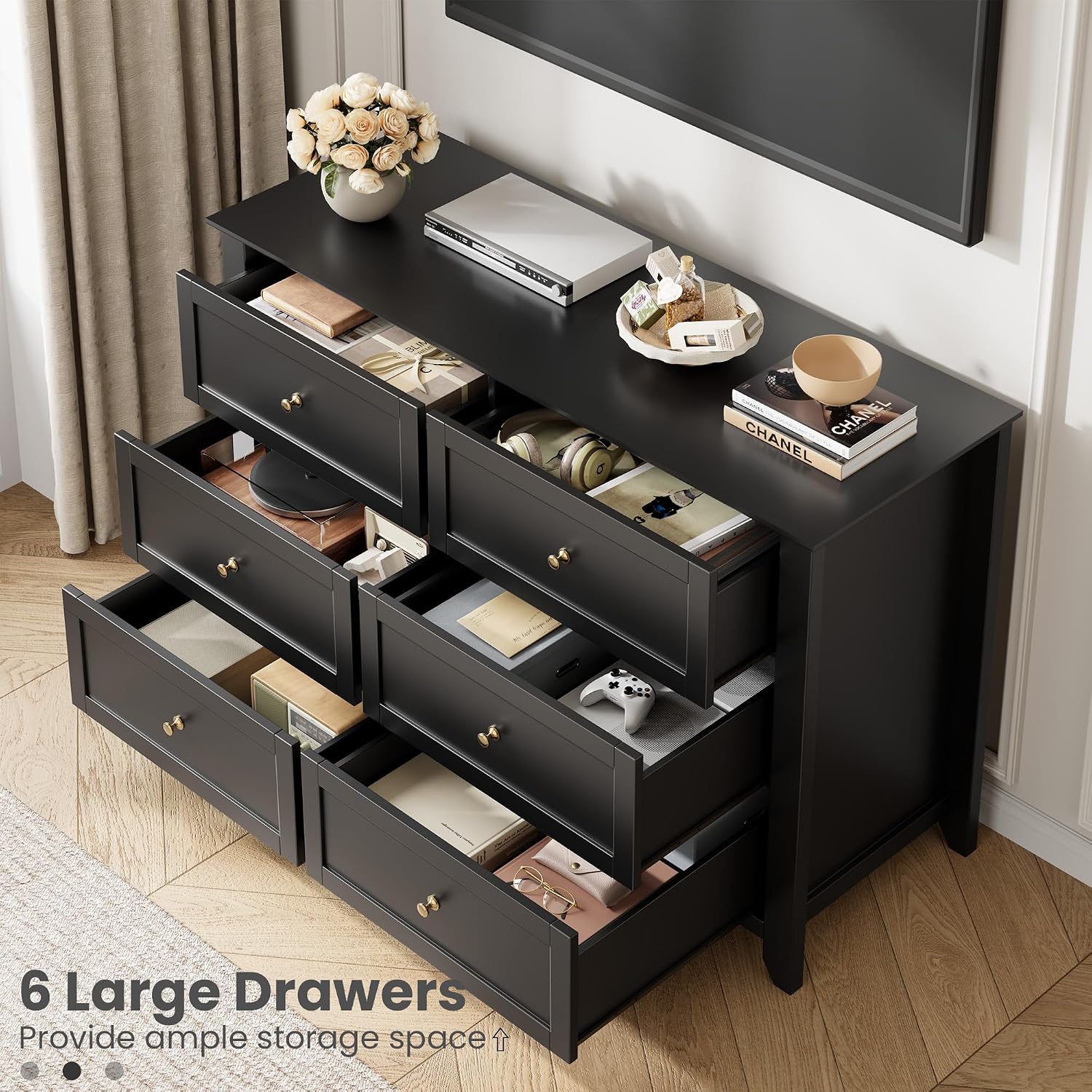 6 Drawer Dresser for Bedroom, Large Dresser with Deep Drawers & Metal Knobs, Modern Wooden Chests of Drawers for Entryway, Hallway 
