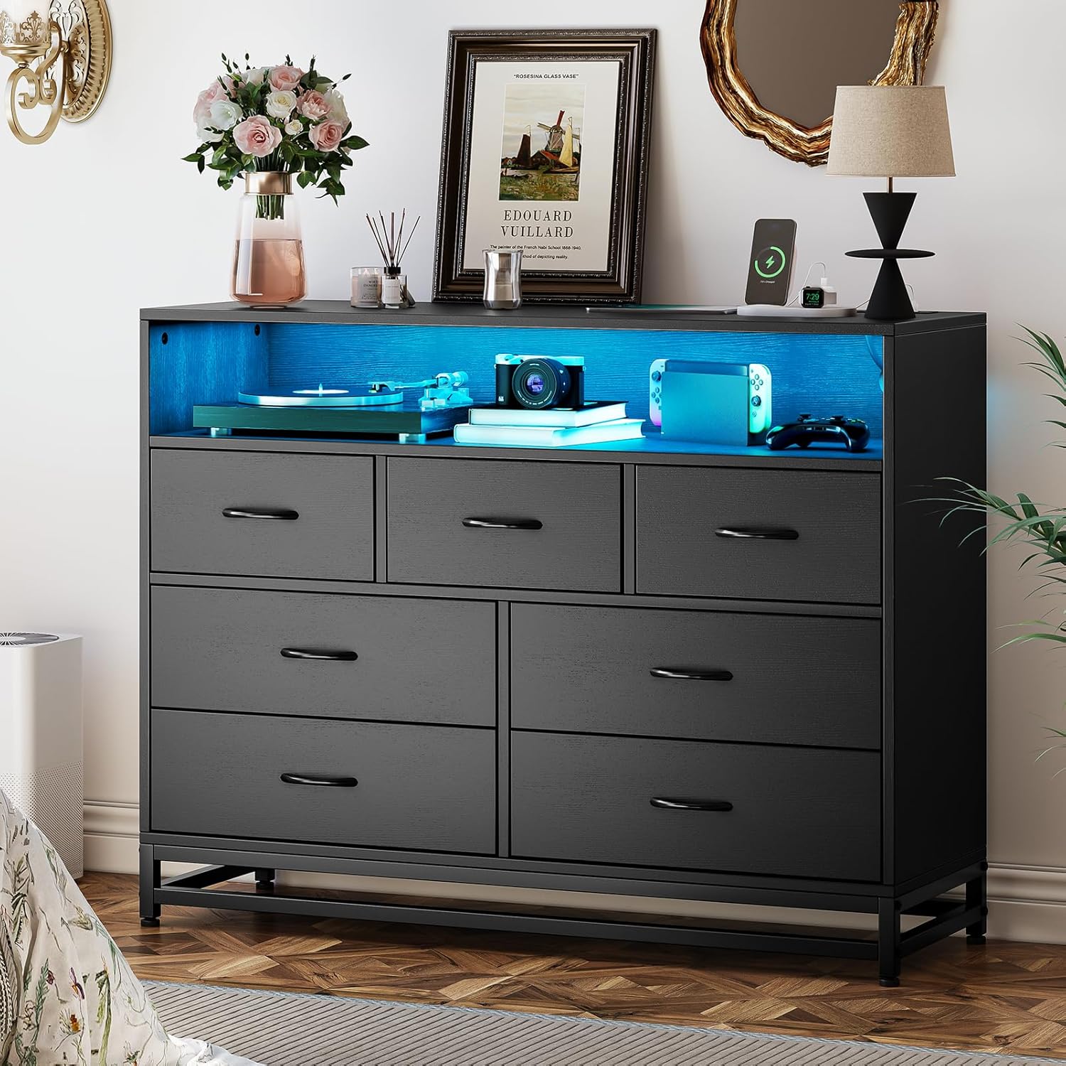 7-Drawer Dresser for Bedroom – Modern Long Dresser with Charging Station & LED Lights, Wooden Large Capacity Storage Chest, Wide Dresser for Living Room & Hallway 