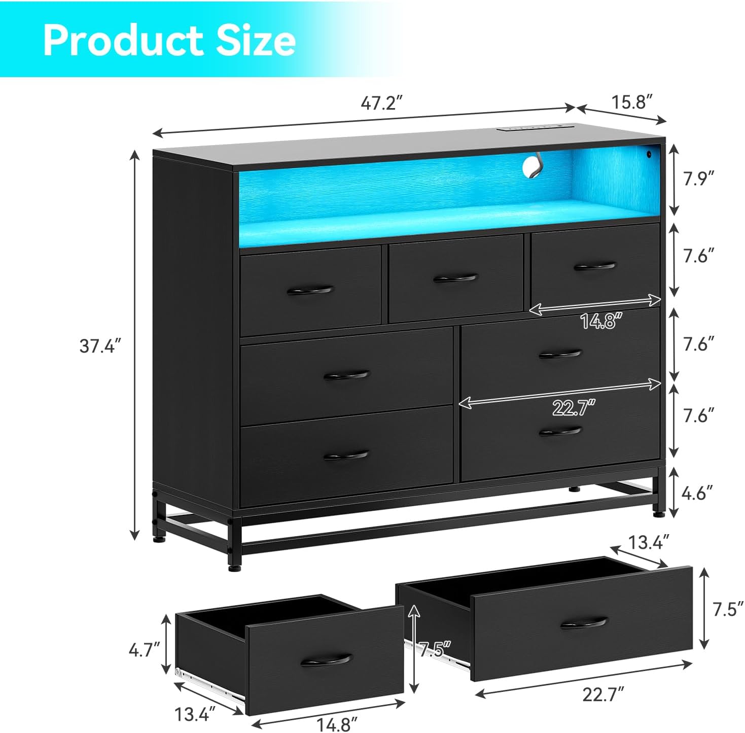7-Drawer Dresser for Bedroom – Modern Long Dresser with Charging Station & LED Lights, Wooden Large Capacity Storage Chest, Wide Dresser for Living Room & Hallway 