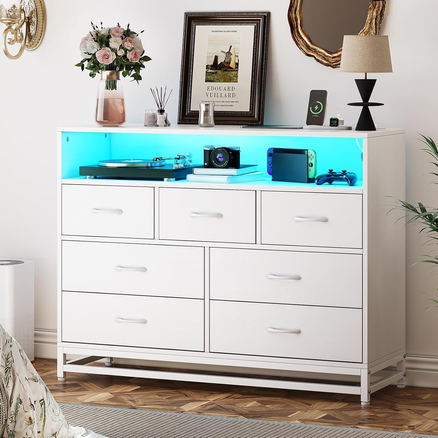 7-Drawer Dresser for Bedroom – Modern Long Dresser with Charging Station & LED Lights, Wooden Large Capacity Storage Chest, Wide Dresser for Living Room & Hallway 