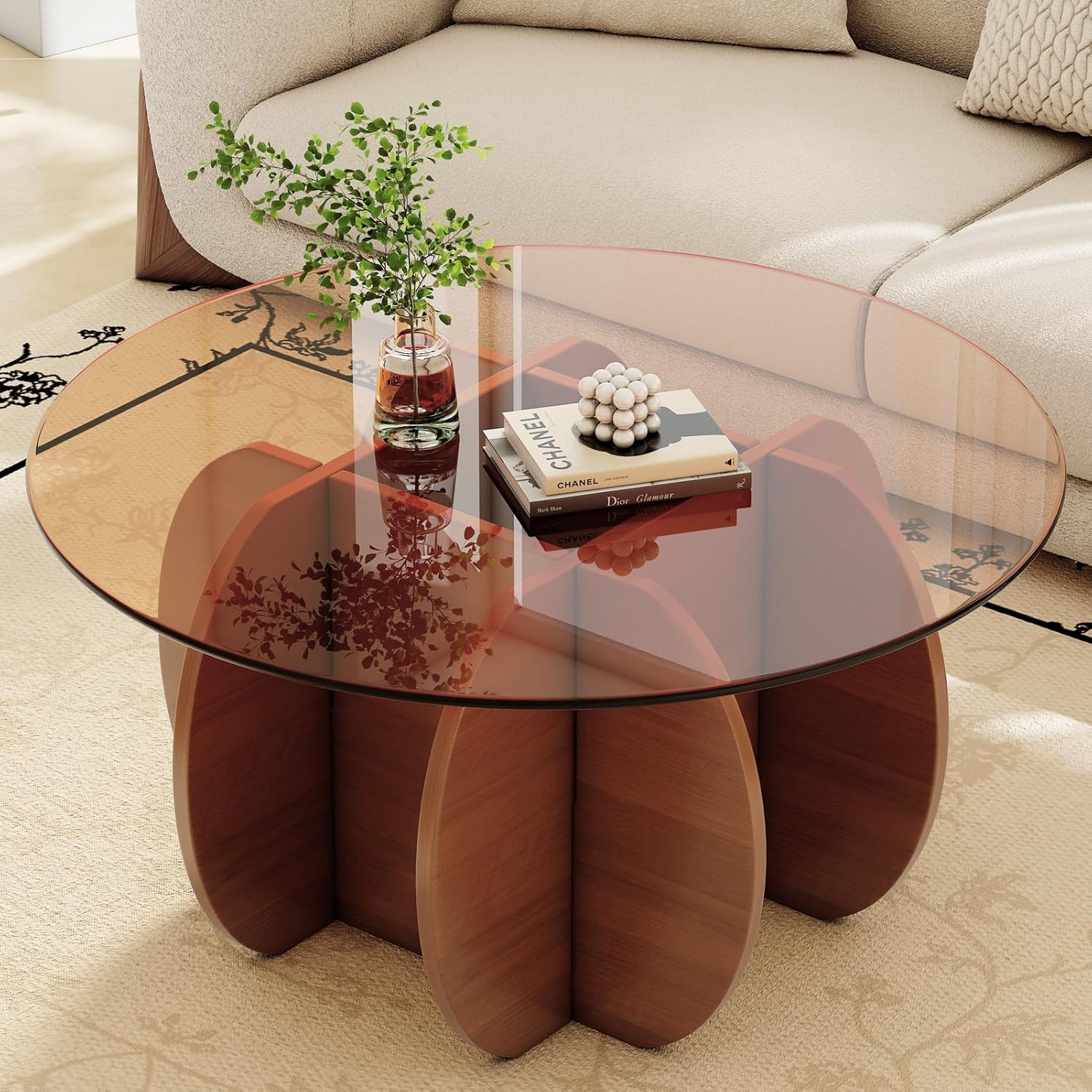 Coffee Table for Living Room Mid Century Modern Round Center Table with Glass Top and Wood