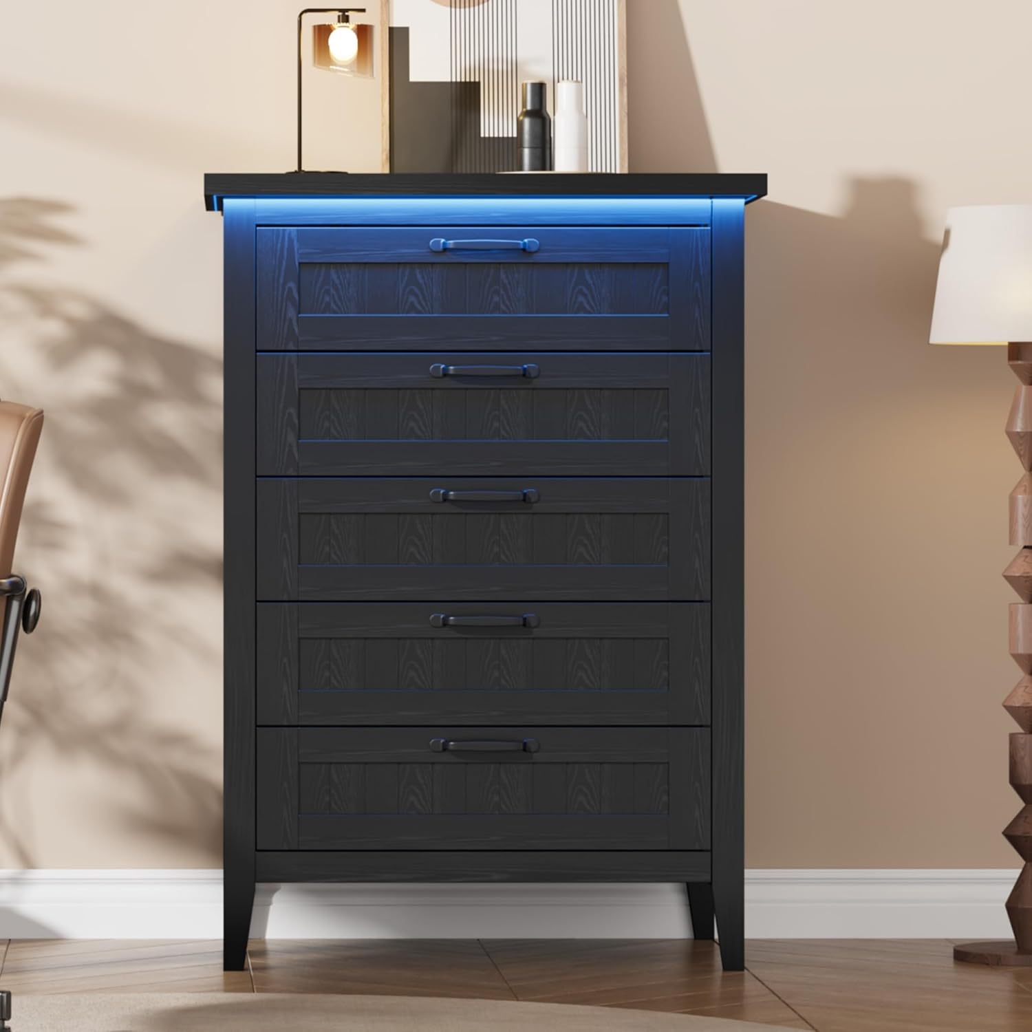 Tall 5 Drawer Dresser with Charging Station & LED Lights | Black Slim Wooden Chest of Drawers, Modern Style Clothes Organizer for Bedroom, Closet, Dorm, and Apartment 