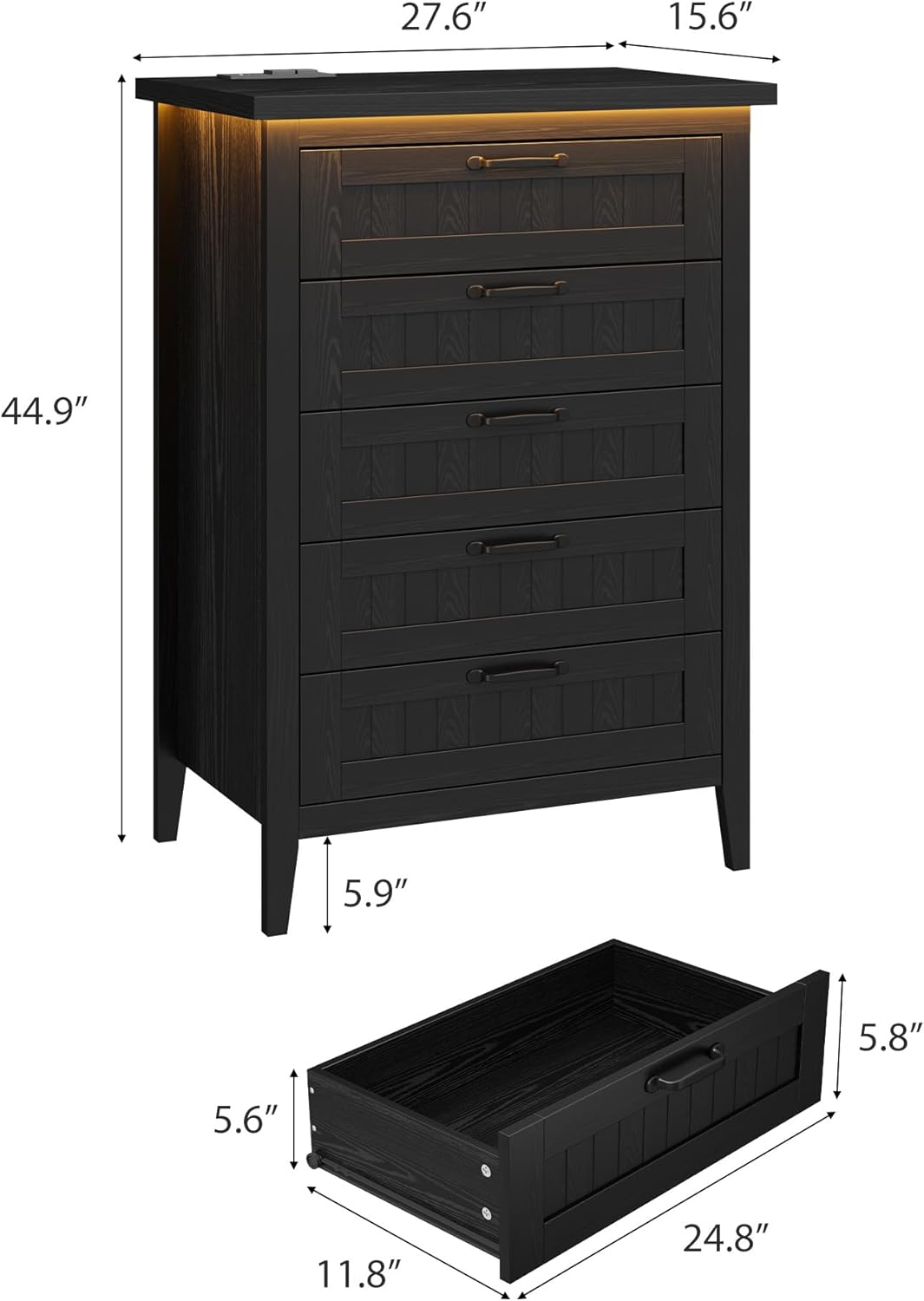 Tall 5 Drawer Dresser with Charging Station & LED Lights | Black Slim Wooden Chest of Drawers, Modern Style Clothes Organizer for Bedroom, Closet, Dorm, and Apartment 