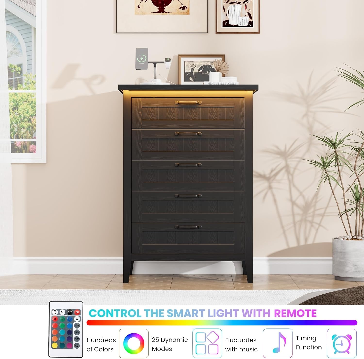 Tall 5 Drawer Dresser with Charging Station & LED Lights | Black Slim Wooden Chest of Drawers, Modern Style Clothes Organizer for Bedroom, Closet, Dorm, and Apartment 