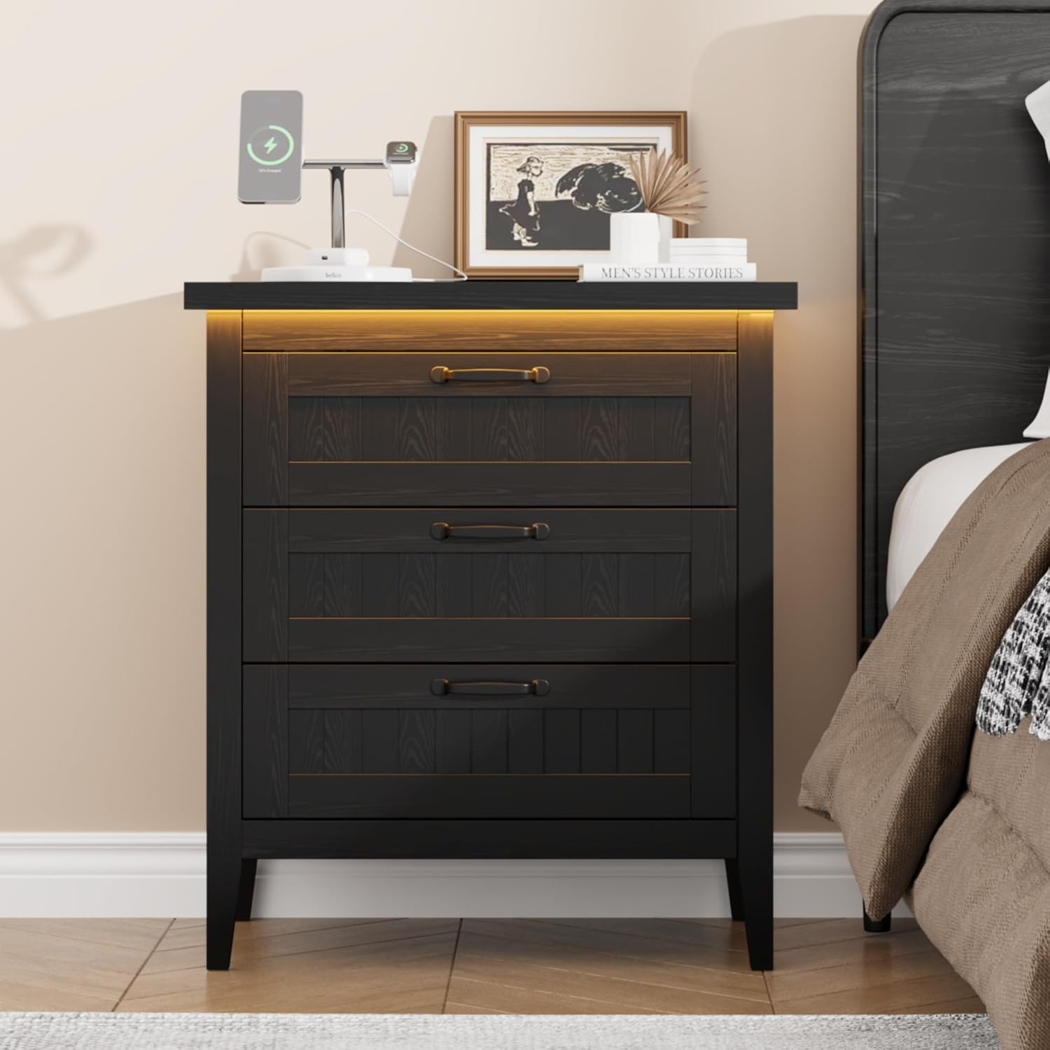 3 Drawer Nightstand Dresser with Charging Station & LED Lights | Black Wooden Chest of Drawers, Modern Style Clothes Organizer for Bedroom, Closet, Dorm, and Apartment 