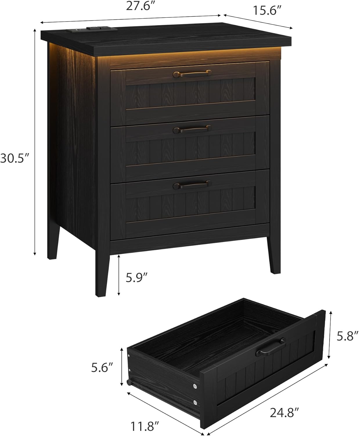 3 Drawer Nightstand Dresser with Charging Station & LED Lights | Black Wooden Chest of Drawers, Modern Style Clothes Organizer for Bedroom, Closet, Dorm, and Apartment 