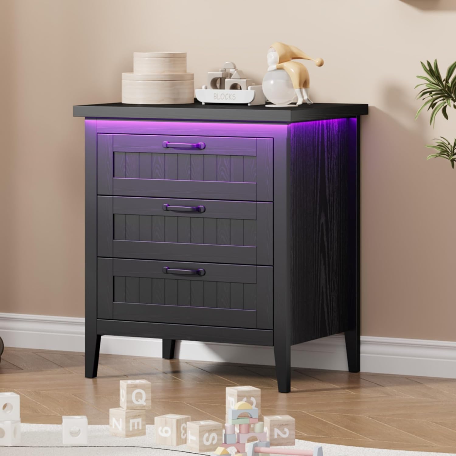 3 Drawer Nightstand Dresser with Charging Station & LED Lights | Black Wooden Chest of Drawers, Modern Style Clothes Organizer for Bedroom, Closet, Dorm, and Apartment 