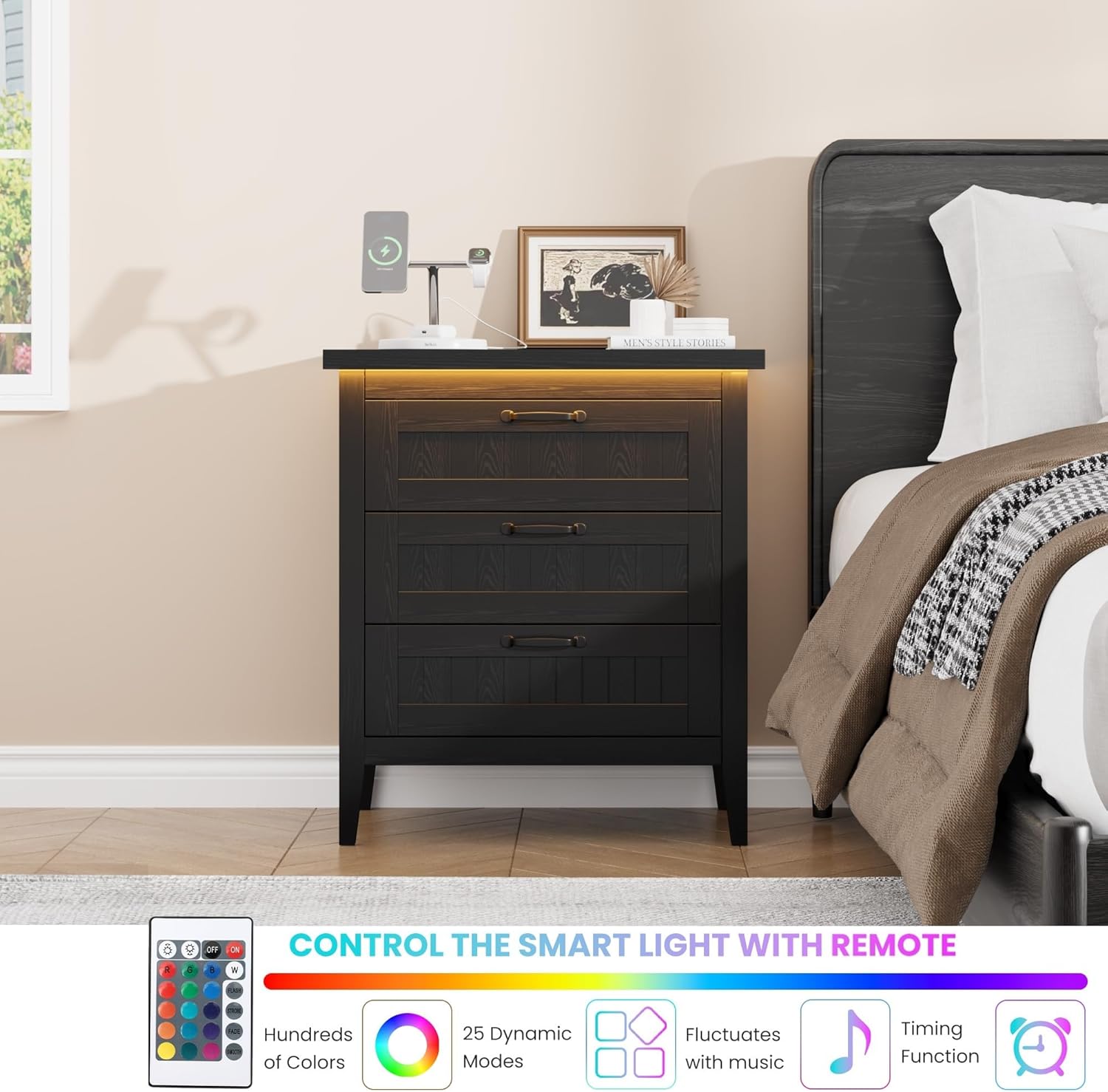 3 Drawer Nightstand Dresser with Charging Station & LED Lights | Black Wooden Chest of Drawers, Modern Style Clothes Organizer for Bedroom, Closet, Dorm, and Apartment 