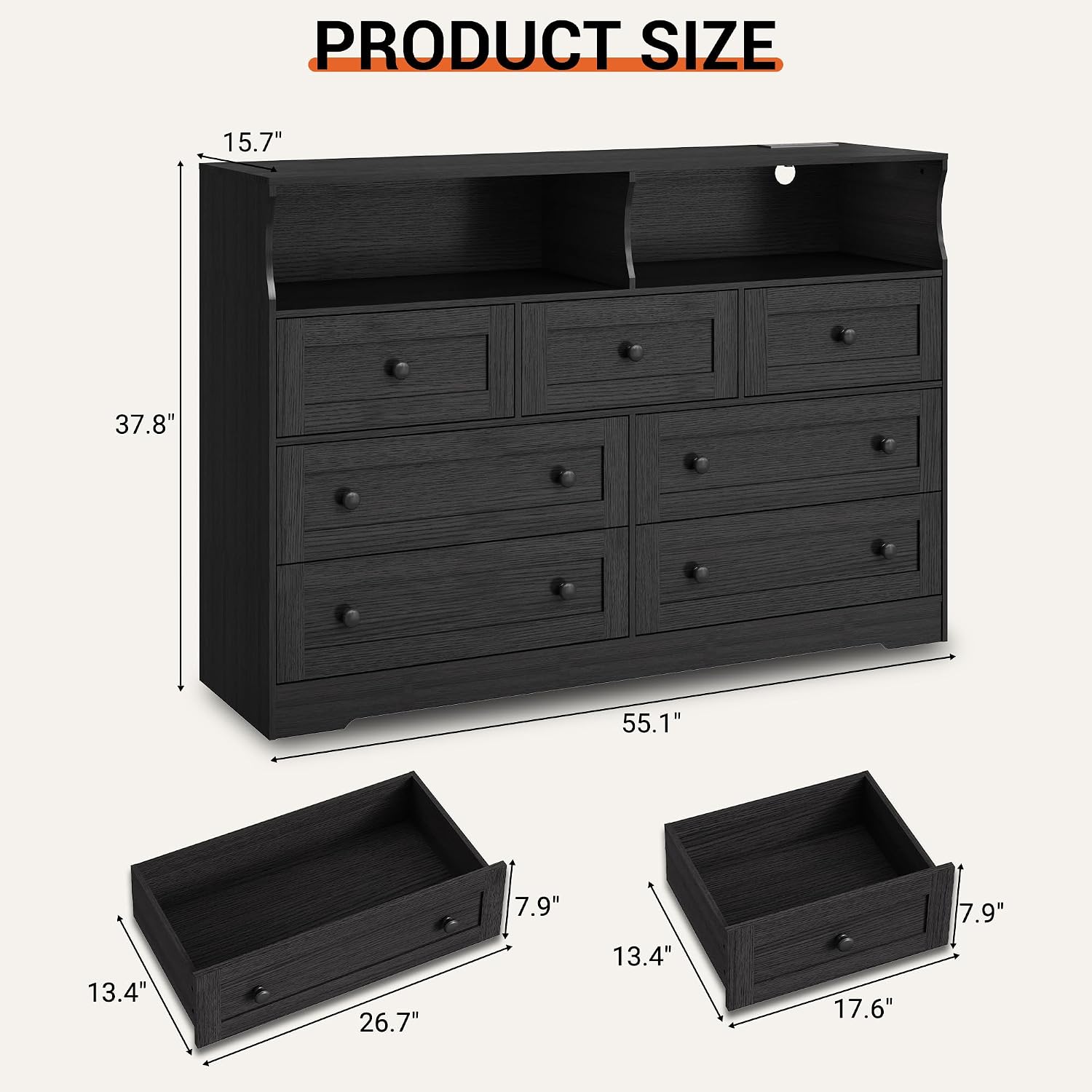 Dresser for Bedroom with 7 Drawers, LED Lights & Charging Station, Wooden Chest with 2 Open Compartments, Freestanding Storage Organizer for Closet, Nursery, Entryway, Black 