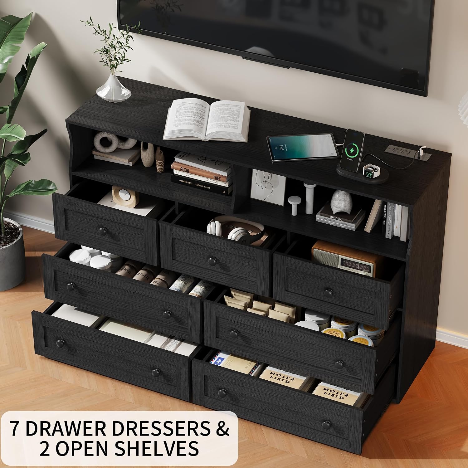 Dresser for Bedroom with 7 Drawers, LED Lights & Charging Station, Wooden Chest with 2 Open Compartments, Freestanding Storage Organizer for Closet, Nursery, Entryway, Black 