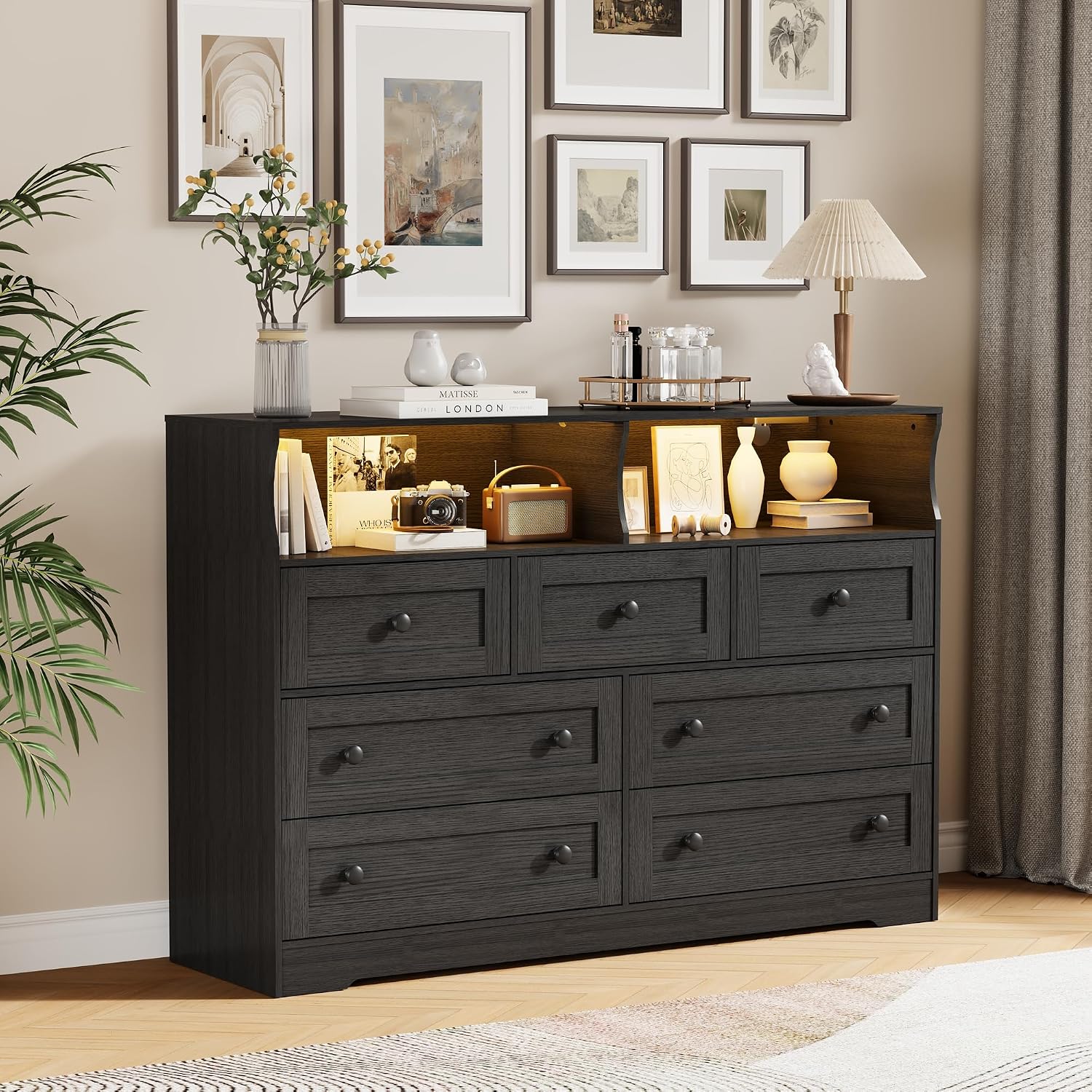 Dresser for Bedroom with 7 Drawers, LED Lights & Charging Station, Wooden Chest with 2 Open Compartments, Freestanding Storage Organizer for Closet, Nursery, Entryway, Black 