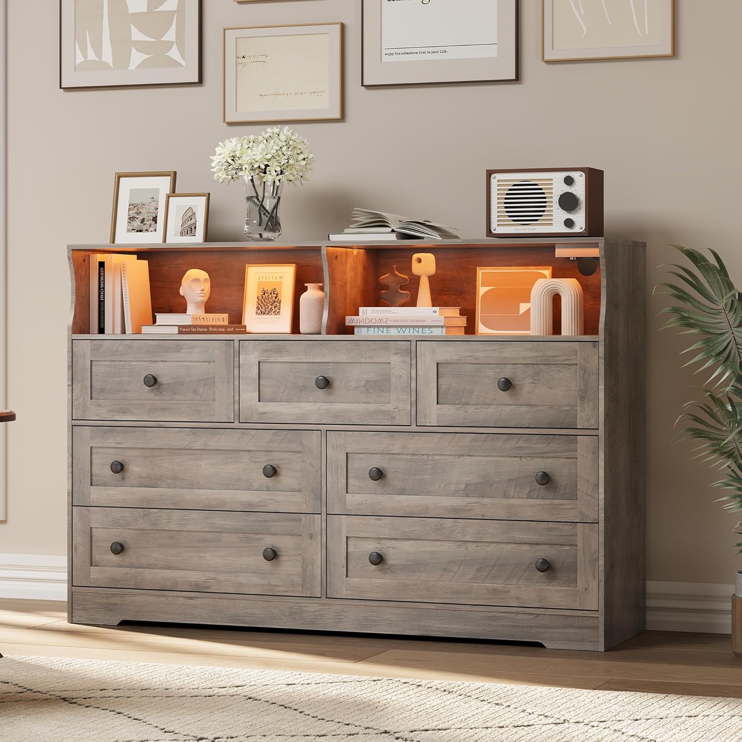 Dresser for Bedroom with 7 Drawers, LED Lights & Charging Station, Wooden Chest with 2 Open Compartments, Freestanding Storage Organizer for Closet, Nursery, Entryway, Black 