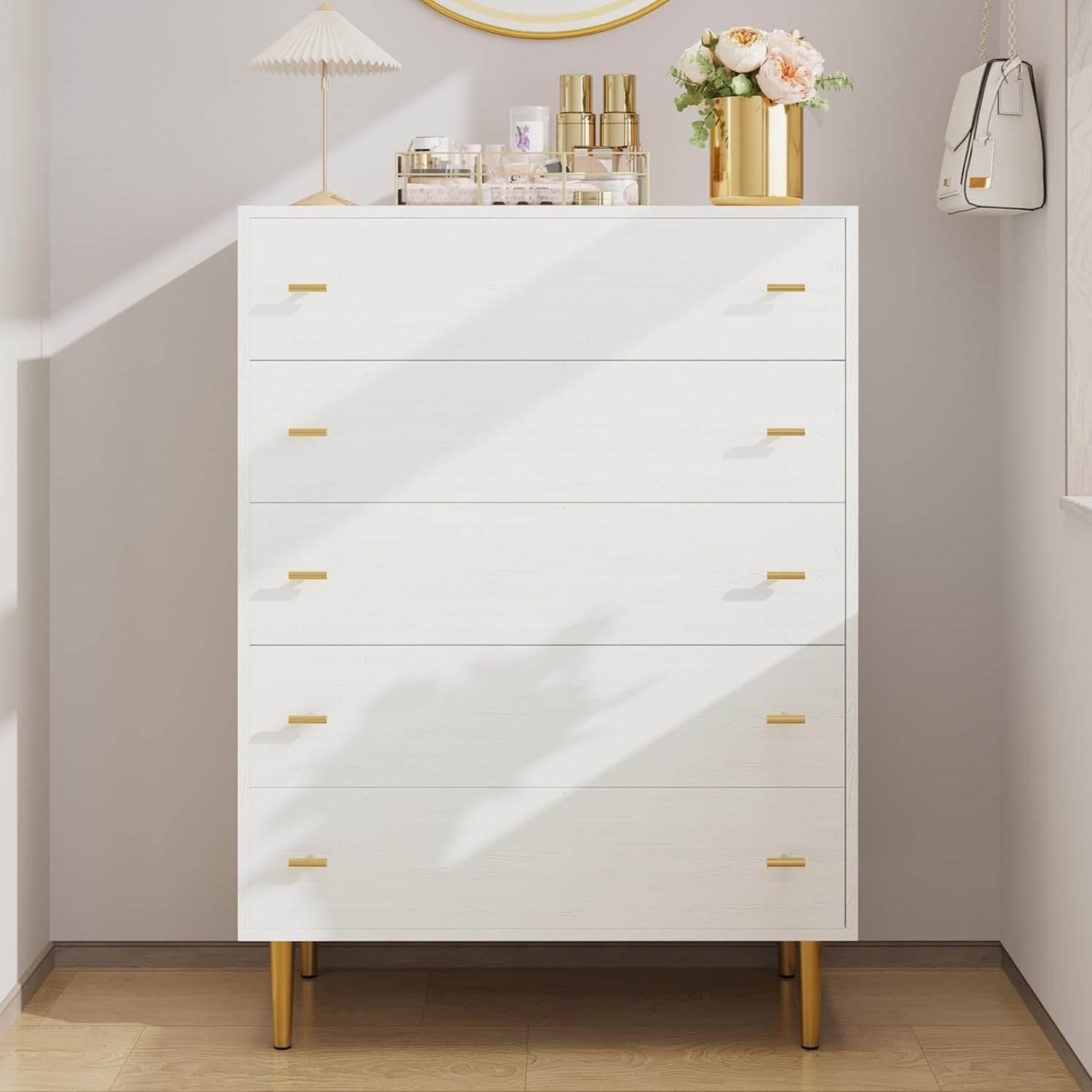 5 Drawer Dresser for Bedroom, 43"Tall Wood Chest of Large Drawers | Drawer Organizer Chest with Metal Handles, Smooth Silent-glide, Versatile for Bedroom, Living room, Entryway