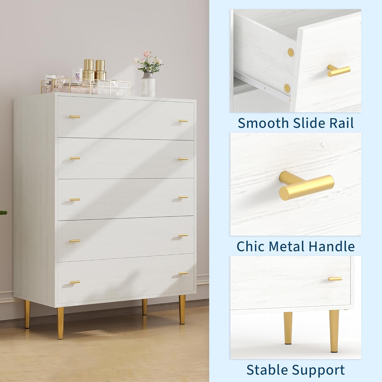 5 Drawer Dresser for Bedroom, 43"Tall Wood Chest of Large Drawers | Drawer Organizer Chest with Metal Handles, Smooth Silent-glide, Versatile for Bedroom, Living room, Entryway