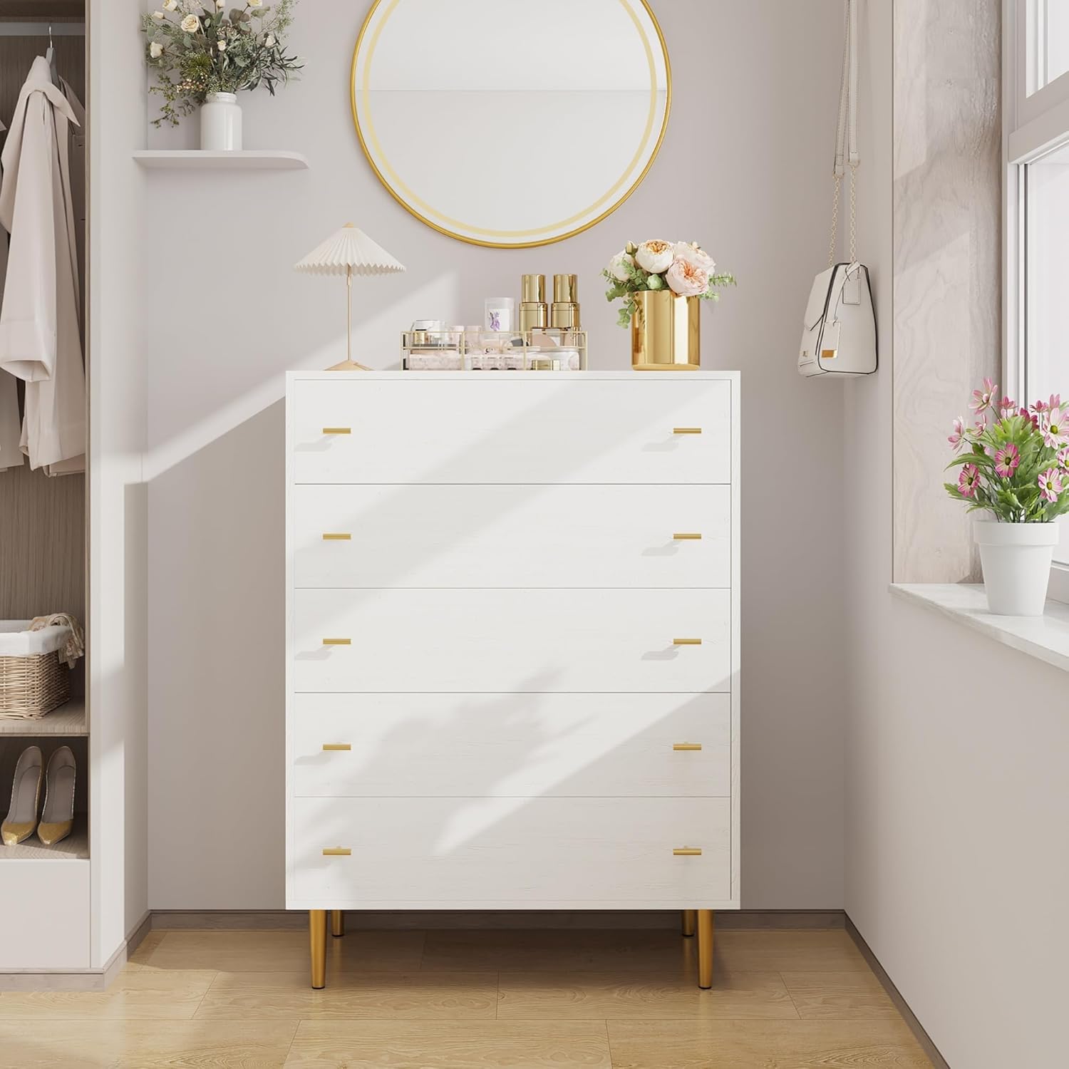 5 Drawer Dresser for Bedroom, 43"Tall Wood Chest of Large Drawers | Drawer Organizer Chest with Metal Handles, Smooth Silent-glide, Versatile for Bedroom, Living room, Entryway