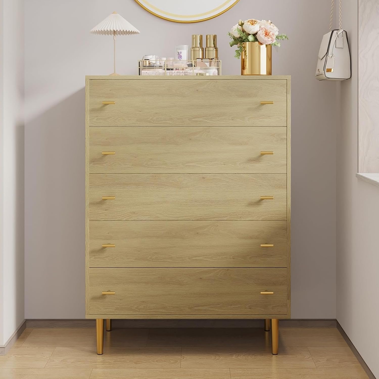 5 Drawer Dresser for Bedroom, 43"Tall Wood Chest of Large Drawers | Drawer Organizer Chest with Metal Handles, Smooth Silent-glide, Versatile for Bedroom, Living room, Entryway