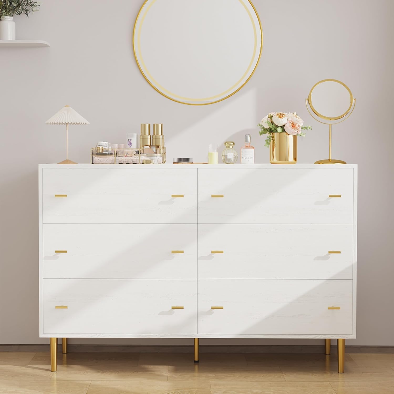 6 Drawer Dresser for Bedroom, Large Storage Chest of Drawers | Wooden 47" Wide Organizer with Gold Metal Handles & Legs, Smooth Silent-glide, Versatile for Bedroom, Living room, Entryway 