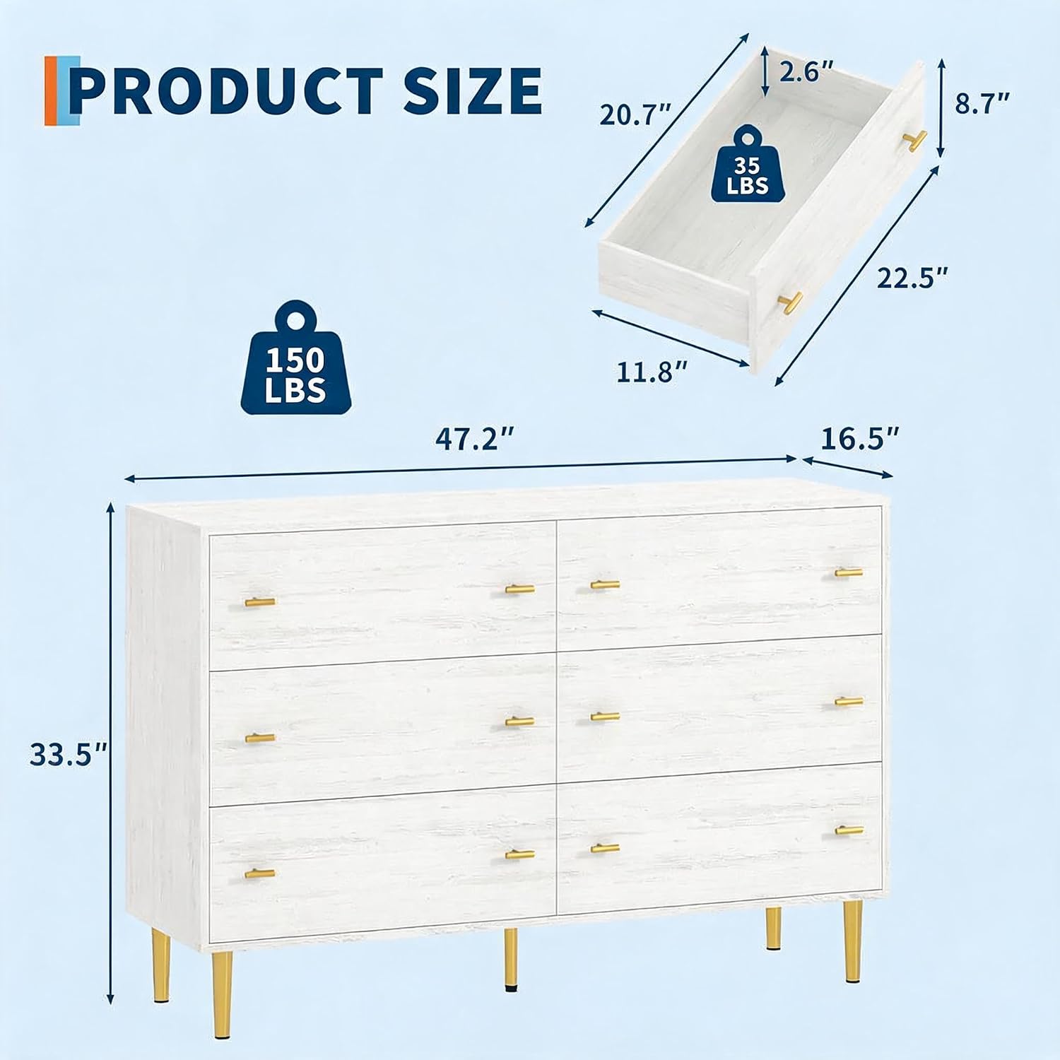 6 Drawer Dresser for Bedroom, Large Storage Chest of Drawers | Wooden 47" Wide Organizer with Gold Metal Handles & Legs, Smooth Silent-glide, Versatile for Bedroom, Living room, Entryway 