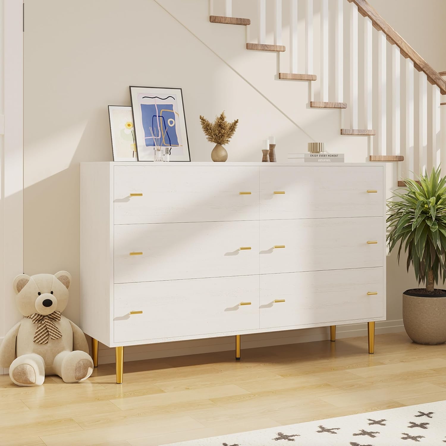 6 Drawer Dresser for Bedroom, Large Storage Chest of Drawers | Wooden 47" Wide Organizer with Gold Metal Handles & Legs, Smooth Silent-glide, Versatile for Bedroom, Living room, Entryway 