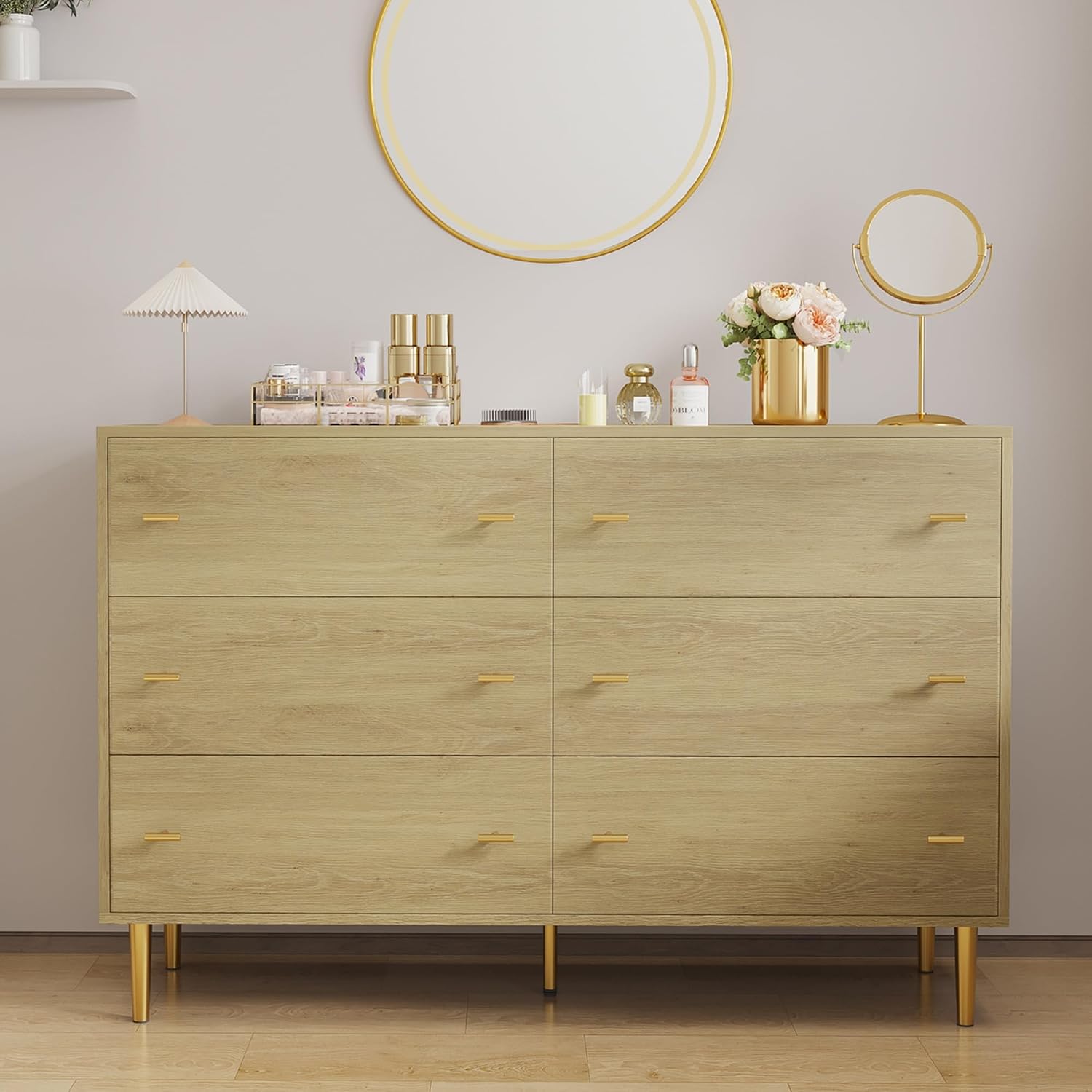 6 Drawer Dresser for Bedroom, Large Storage Chest of Drawers | Wooden 47" Wide Organizer with Gold Metal Handles & Legs, Smooth Silent-glide, Versatile for Bedroom, Living room, Entryway 