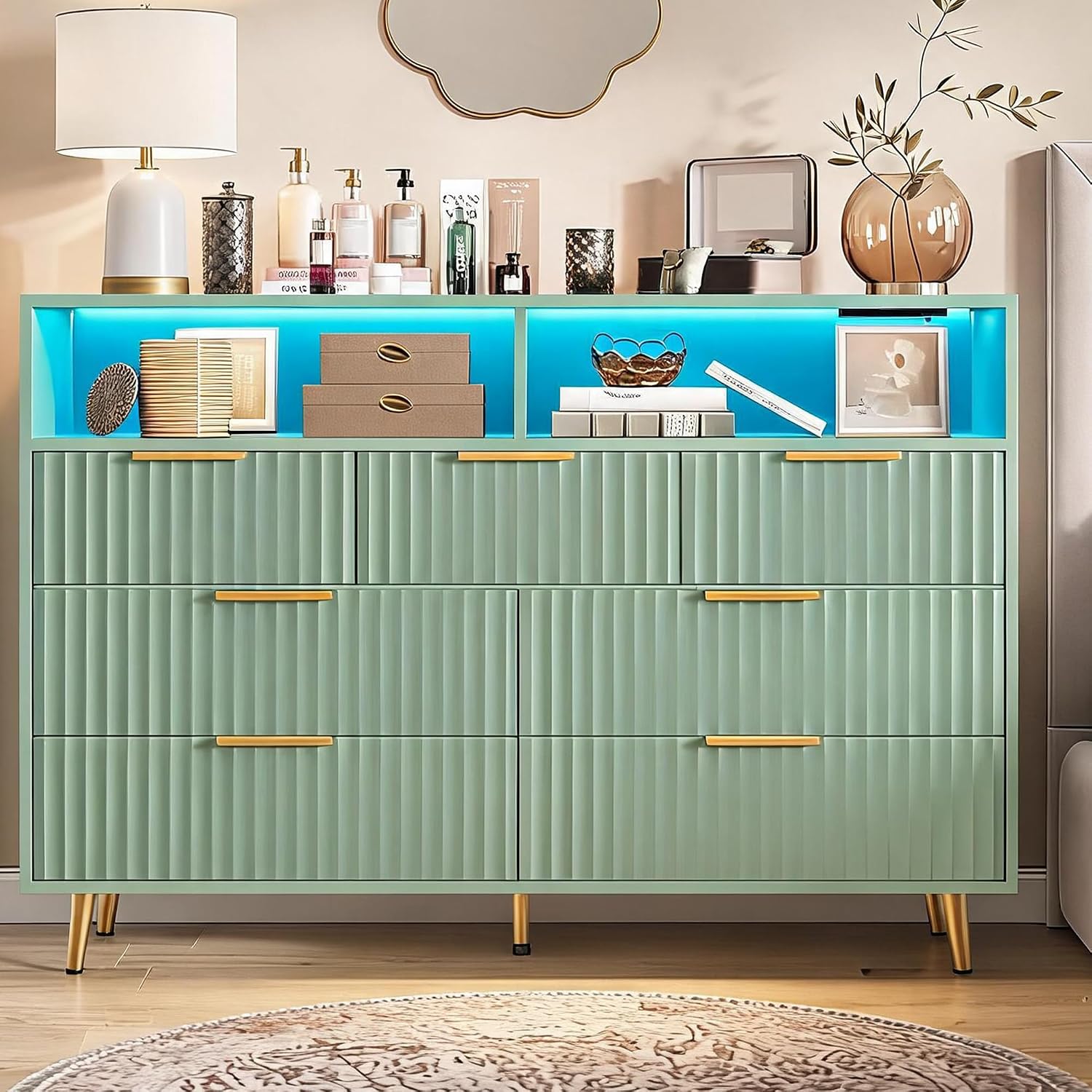 6 Drawer Fluted Dresser with LED Lights,Charging Station, White | Spacious Drawers, Adjustable LED Lighting, Charging Station, Fluted Wood Drawers, Gold Handles, for Bedroom Living Room 