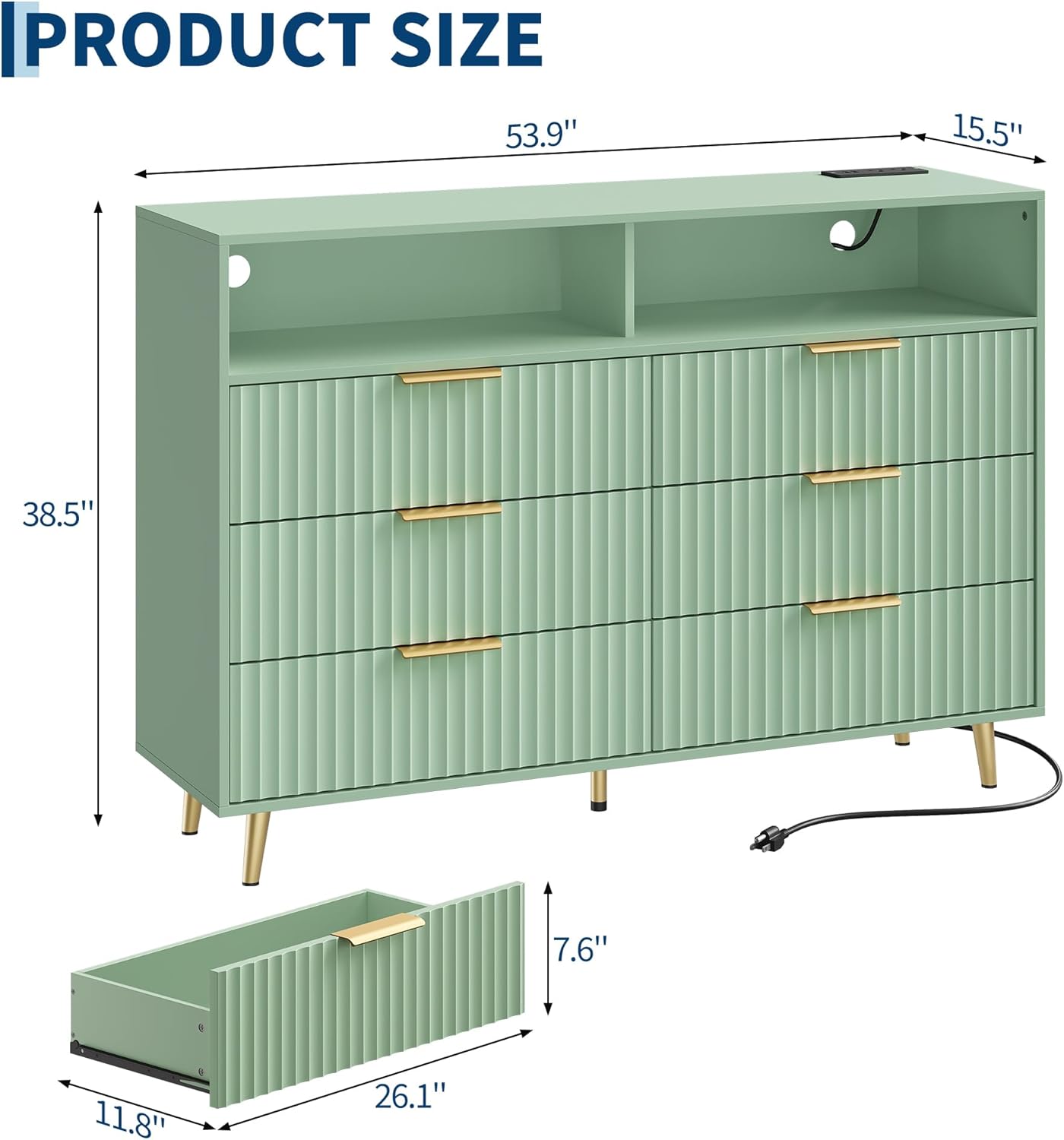 6 Drawer Fluted Dresser with LED Lights,Charging Station, White | Spacious Drawers, Adjustable LED Lighting, Charging Station, Fluted Wood Drawers, Gold Handles, for Bedroom Living Room 