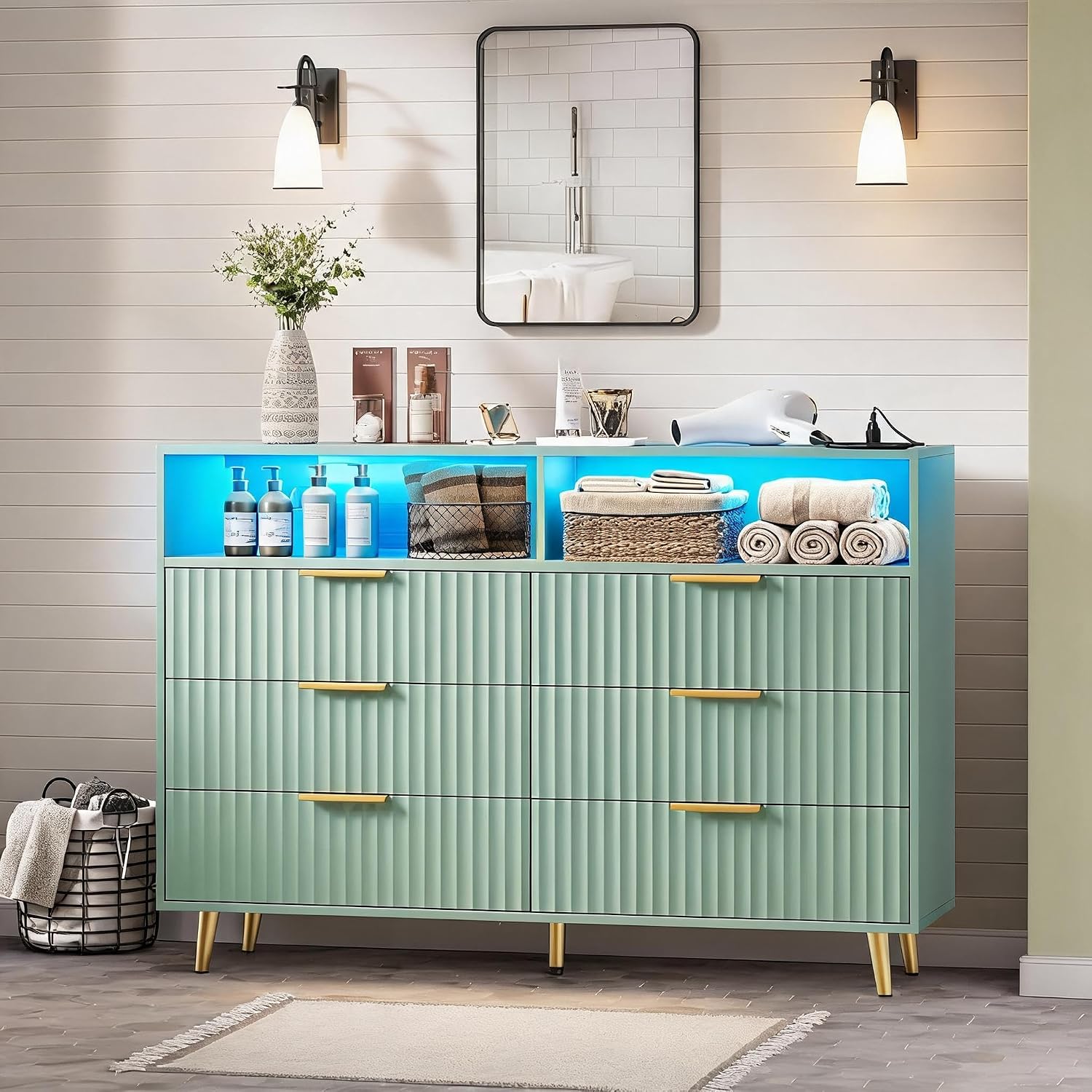 6 Drawer Fluted Dresser with LED Lights,Charging Station, White | Spacious Drawers, Adjustable LED Lighting, Charging Station, Fluted Wood Drawers, Gold Handles, for Bedroom Living Room 