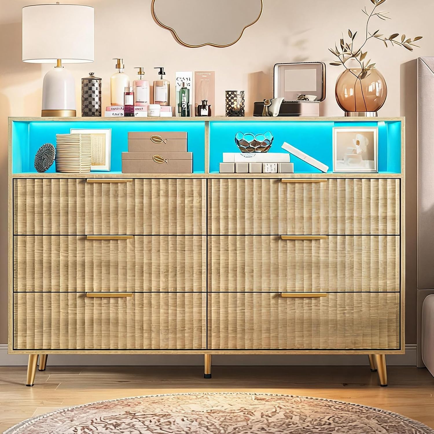 6 Drawer Fluted Dresser with LED Lights,Charging Station, White | Spacious Drawers, Adjustable LED Lighting, Charging Station, Fluted Wood Drawers, Gold Handles, for Bedroom Living Room 