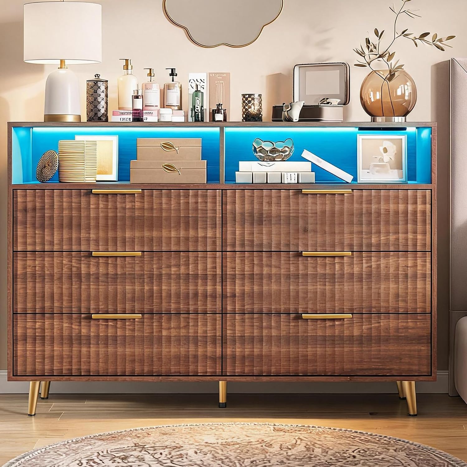 6 Drawer Fluted Dresser with LED Lights,Charging Station, White | Spacious Drawers, Adjustable LED Lighting, Charging Station, Fluted Wood Drawers, Gold Handles, for Bedroom Living Room 