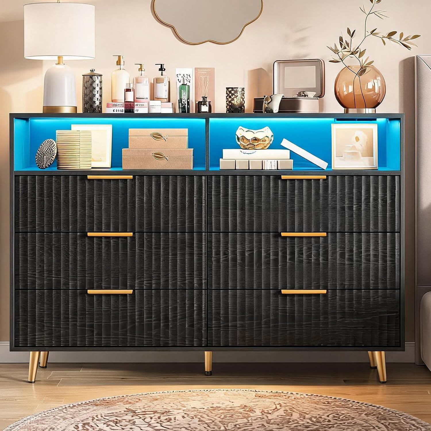 6 Drawer Fluted Dresser with LED Lights,Charging Station, White | Spacious Drawers, Adjustable LED Lighting, Charging Station, Fluted Wood Drawers, Gold Handles, for Bedroom Living Room 