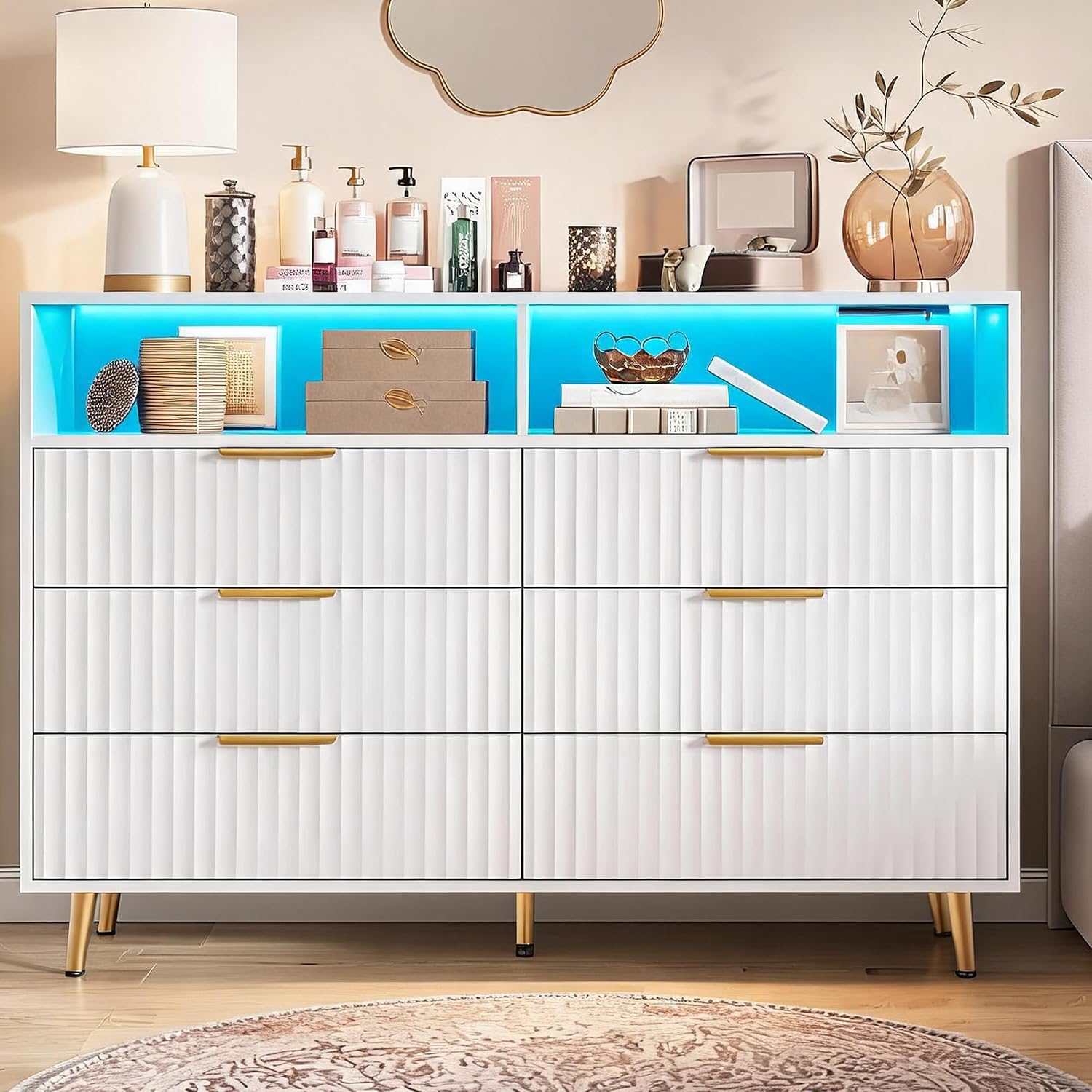 6 Drawer Fluted Dresser with LED Lights,Charging Station, White | Spacious Drawers, Adjustable LED Lighting, Charging Station, Fluted Wood Drawers, Gold Handles, for Bedroom Living Room 