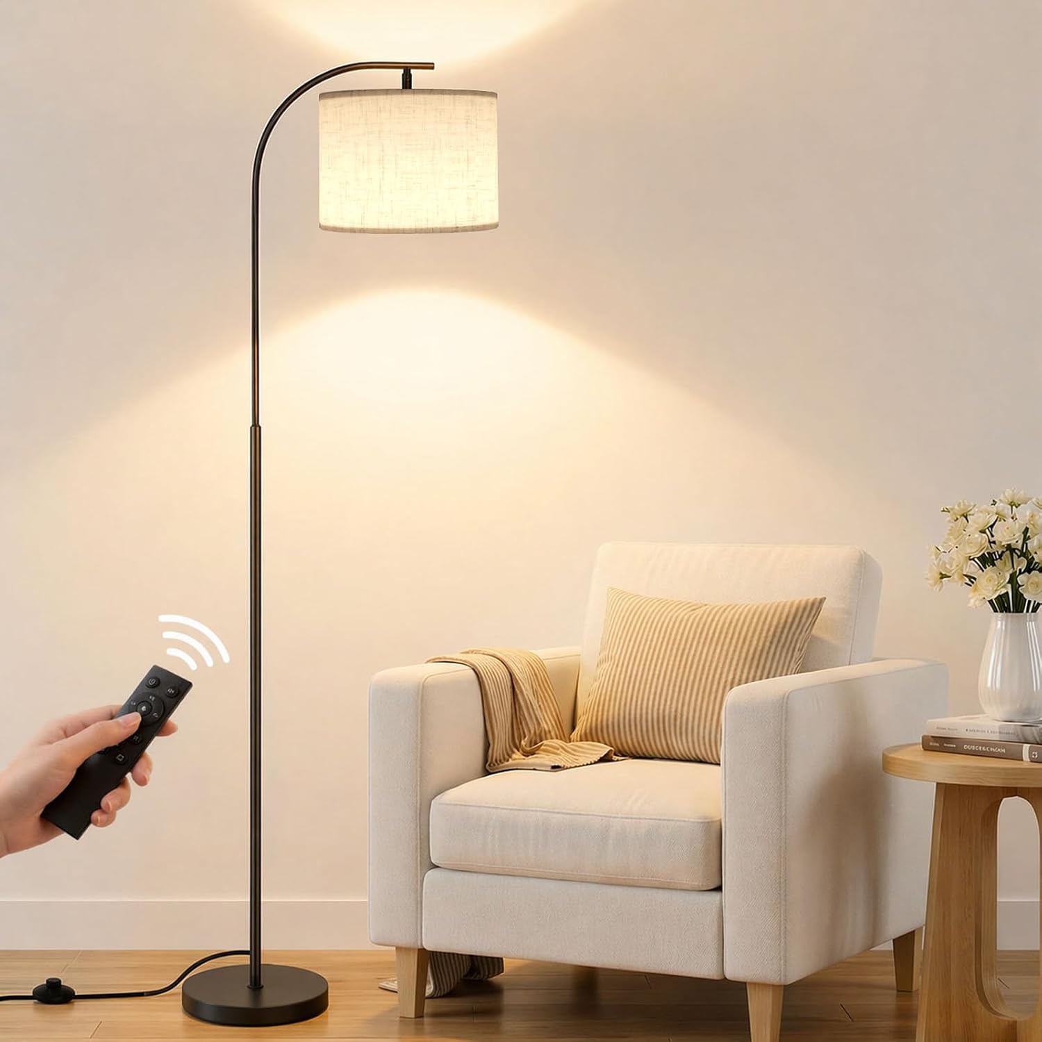Floor Lamp with Linen Shade, Arc Dimmable Tall Standing Lamp with Remote Control