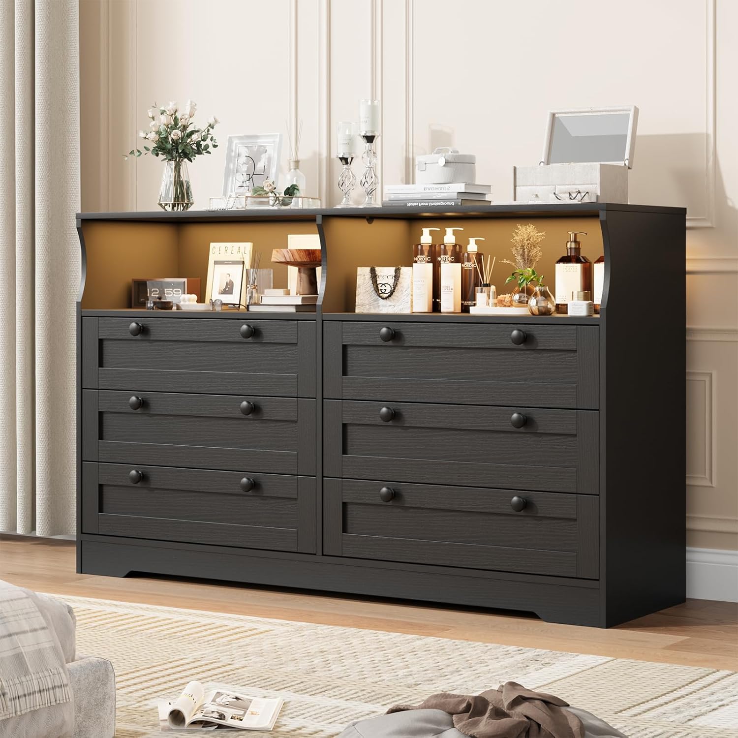 6-Drawer Dresser for Bedroom – Wood Chest with Charging Station, LED Lights & 2 Storage Compartments, Modern TV Stand for Living Room & Hallway
