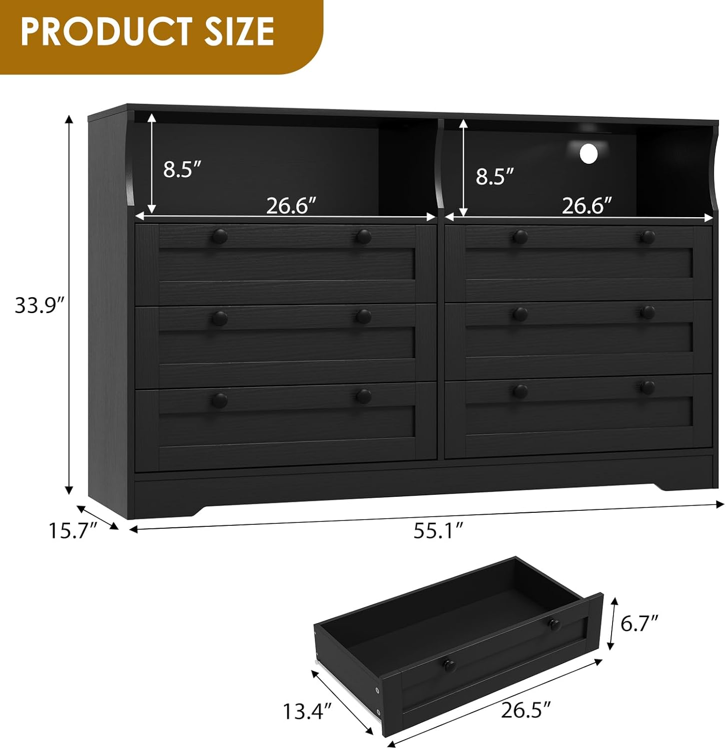 6-Drawer Dresser for Bedroom – Wood Chest with Charging Station, LED Lights & 2 Storage Compartments, Modern TV Stand for Living Room & Hallway