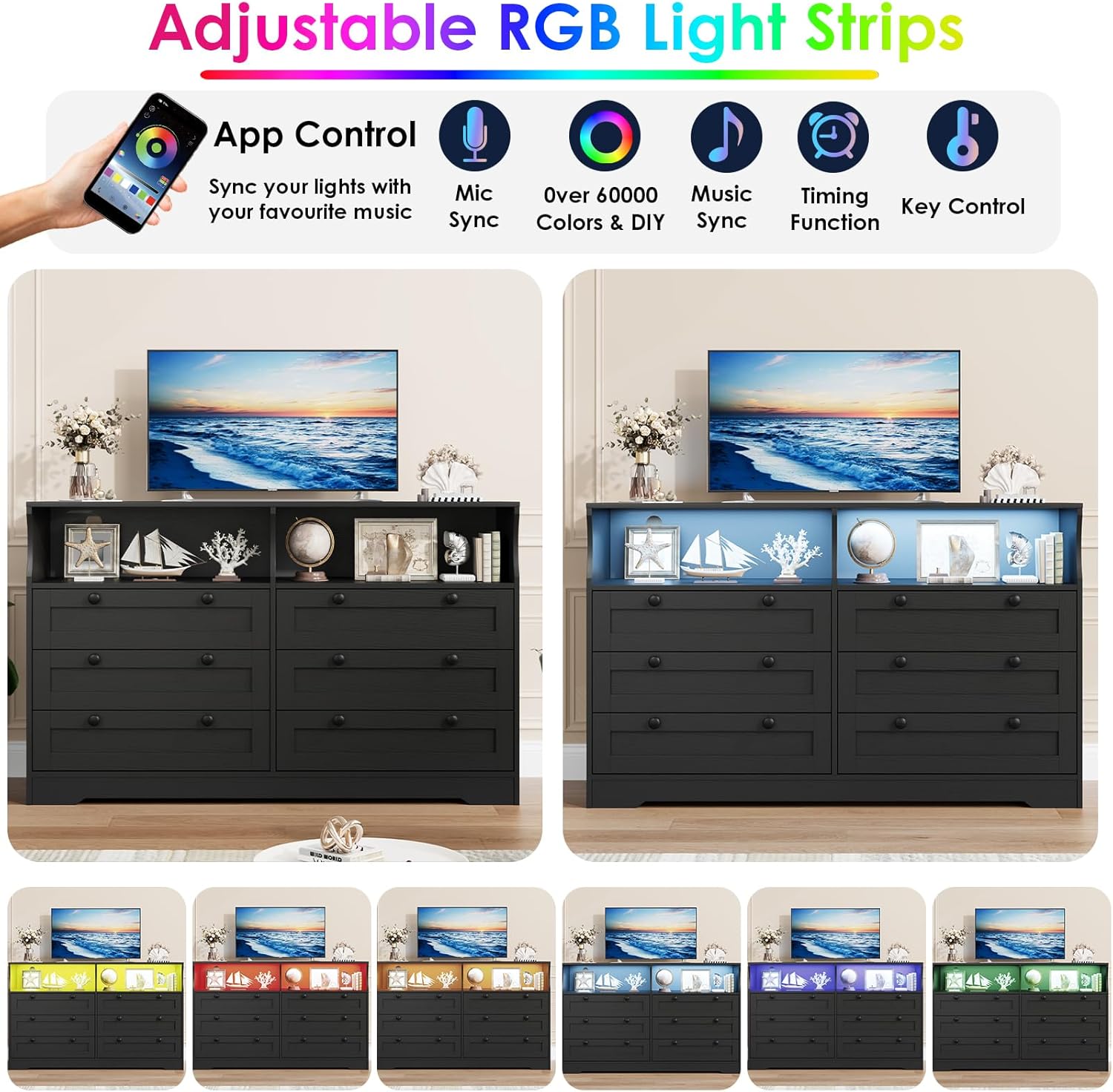 6-Drawer Dresser for Bedroom – Wood Chest with Charging Station, LED Lights & 2 Storage Compartments, Modern TV Stand for Living Room & Hallway