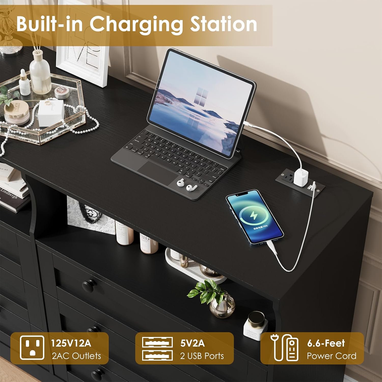 6-Drawer Dresser for Bedroom – Wood Chest with Charging Station, LED Lights & 2 Storage Compartments, Modern TV Stand for Living Room & Hallway