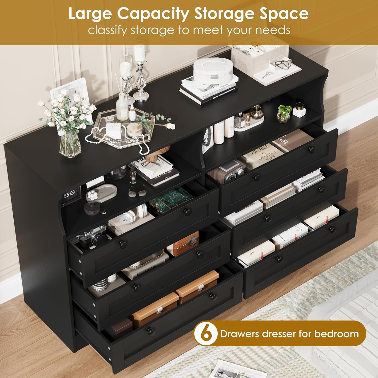 6-Drawer Dresser for Bedroom – Wood Chest with Charging Station, LED Lights & 2 Storage Compartments, Modern TV Stand for Living Room & Hallway
